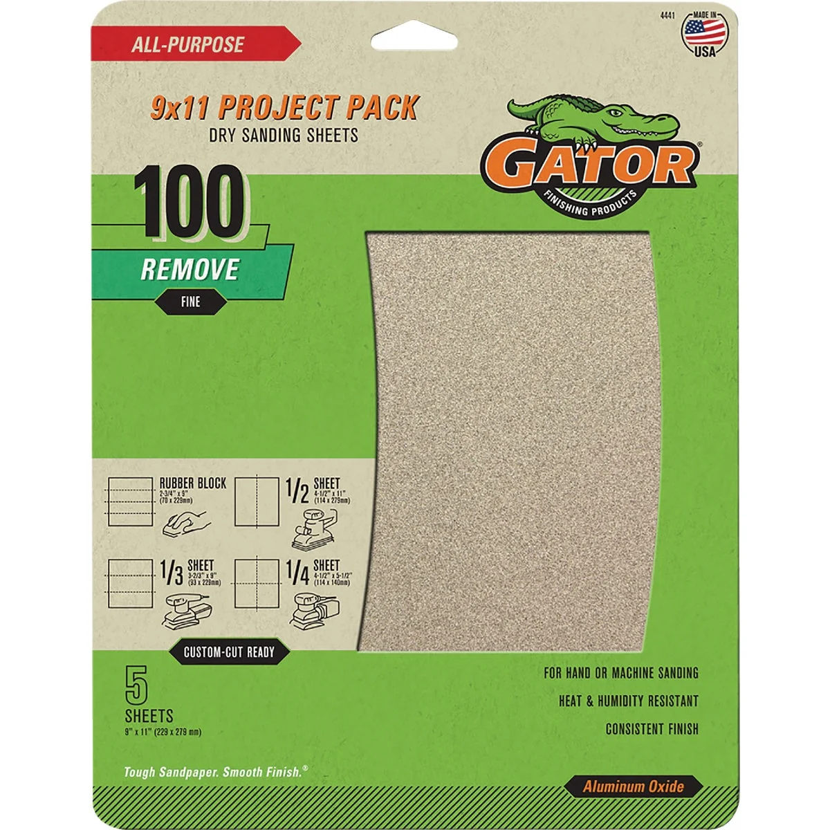 Original GatorGrit 9 In. x 11 In. Medium 100-Grit Sandpaper 5-Pack Fine Crafted