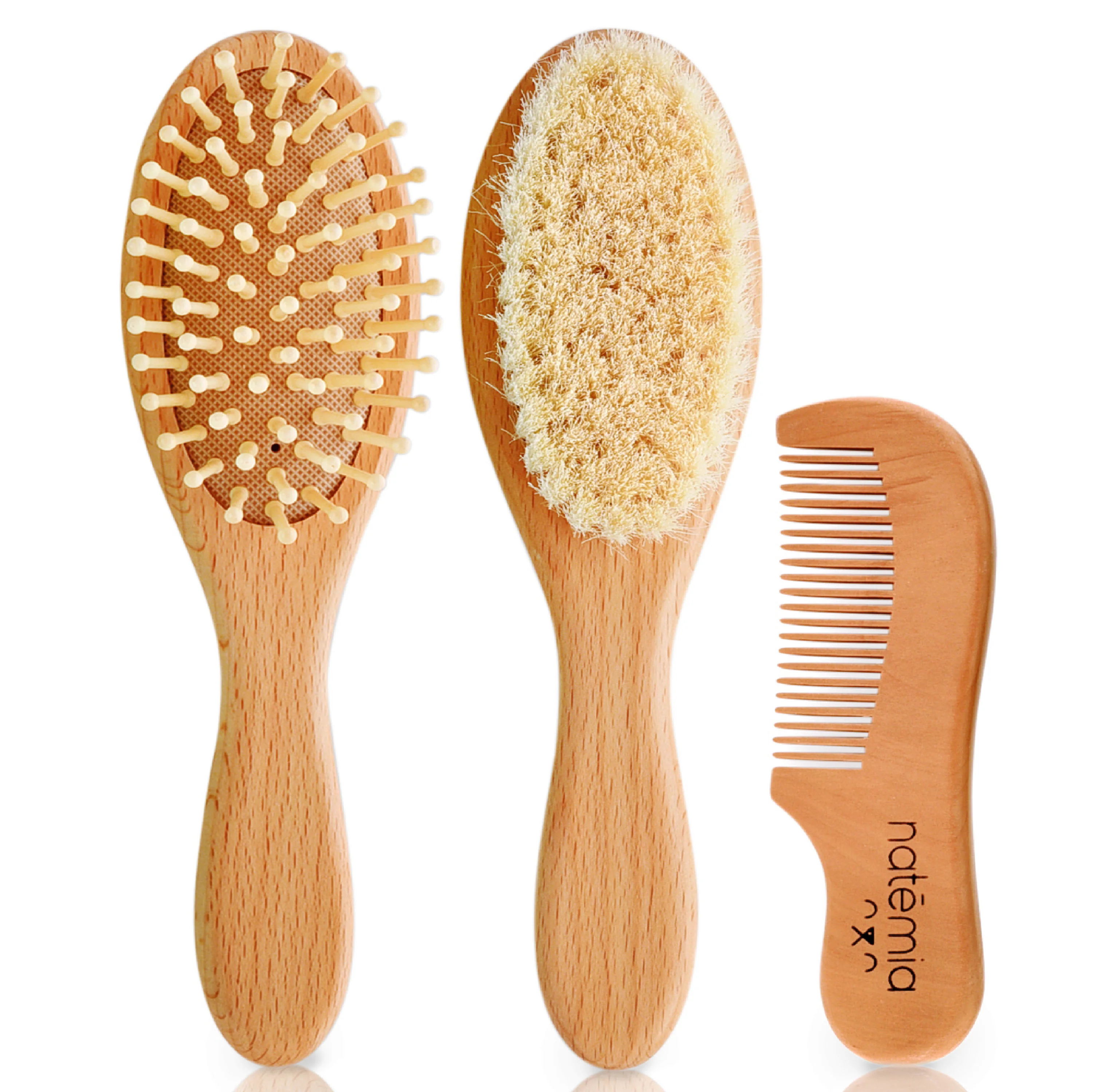 Eco-Friendly Natemia Wooden Baby Hair Brush Comb Set Premium Material