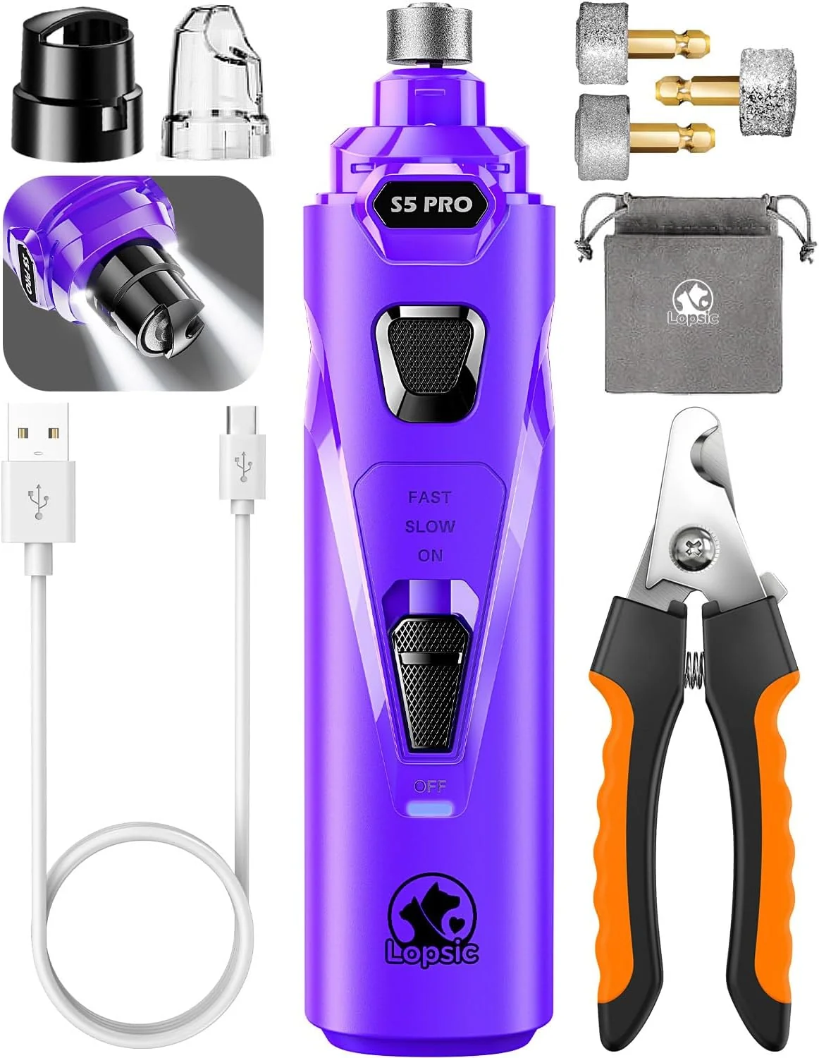 Consistent Dog Nail Grinder with 2 LED Lights Powerful 2 Speeds Super Quiet Dog Nail Trimmers with 3 Grinding Wheels Rechargeable Pet Dog Nail Clippers for Large Medium Puppy Dogs Dog Nail File Cat Nail Clipper Trendy