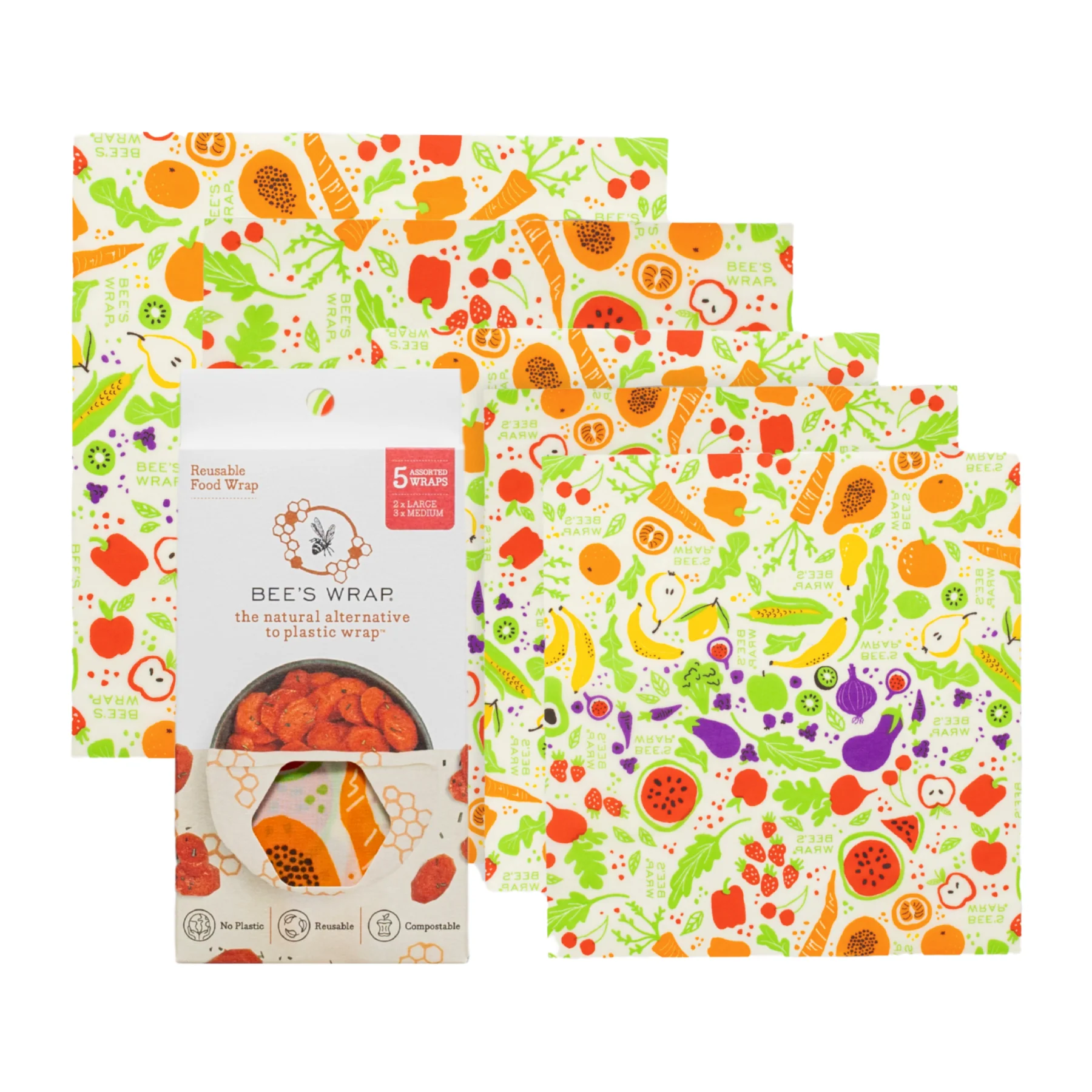 High-End Bee's Wrap Reusable Beeswax Food Wraps – Assorted 5 Pack Soft