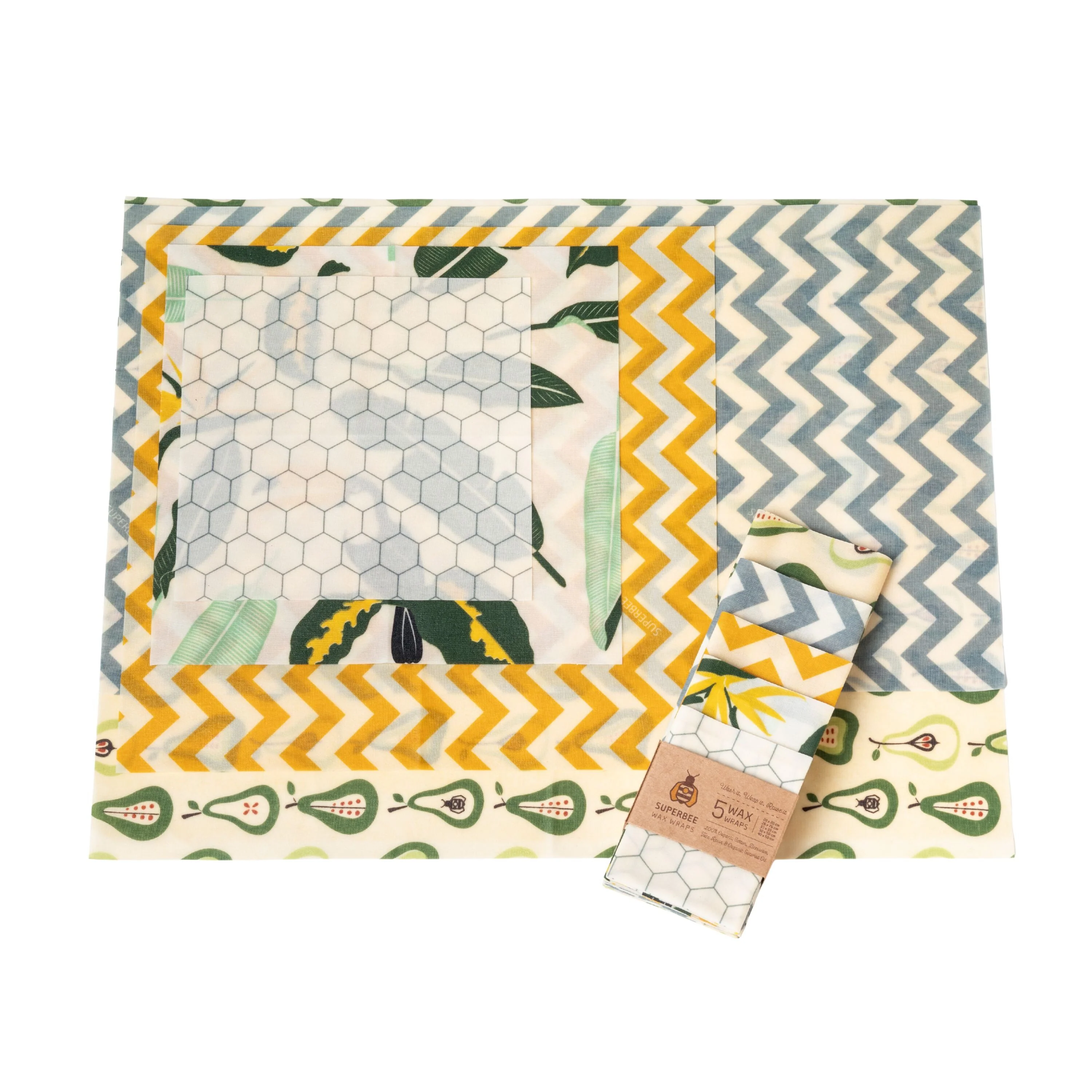 Official SuperBee Essentials Beeswax Wraps – 5-Pack Reusable Food Wraps Mixed Prints Modern