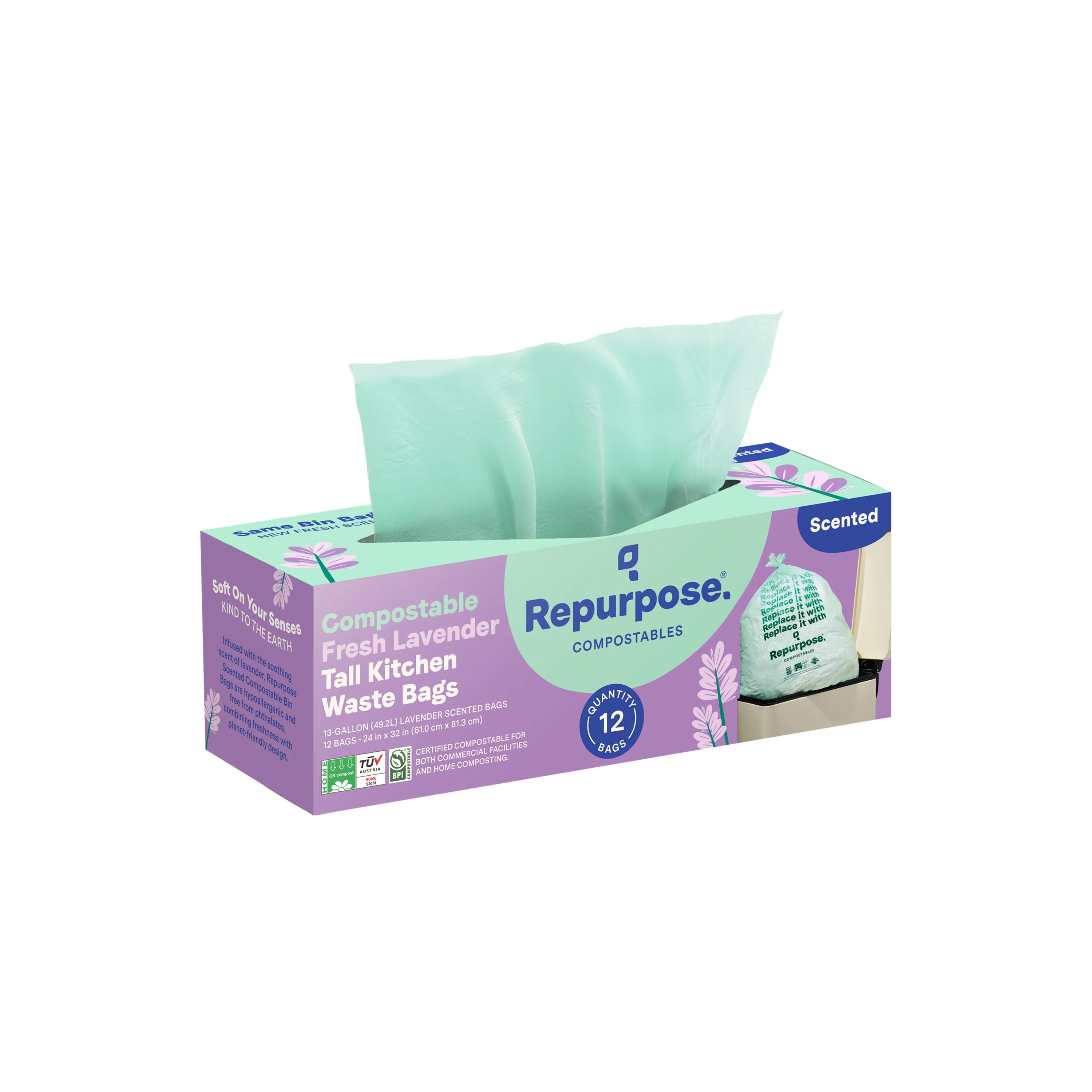 Convenient Repurpose Compostable 13-Gal Tall Kitchen Bags Lavender Scented Recyclable