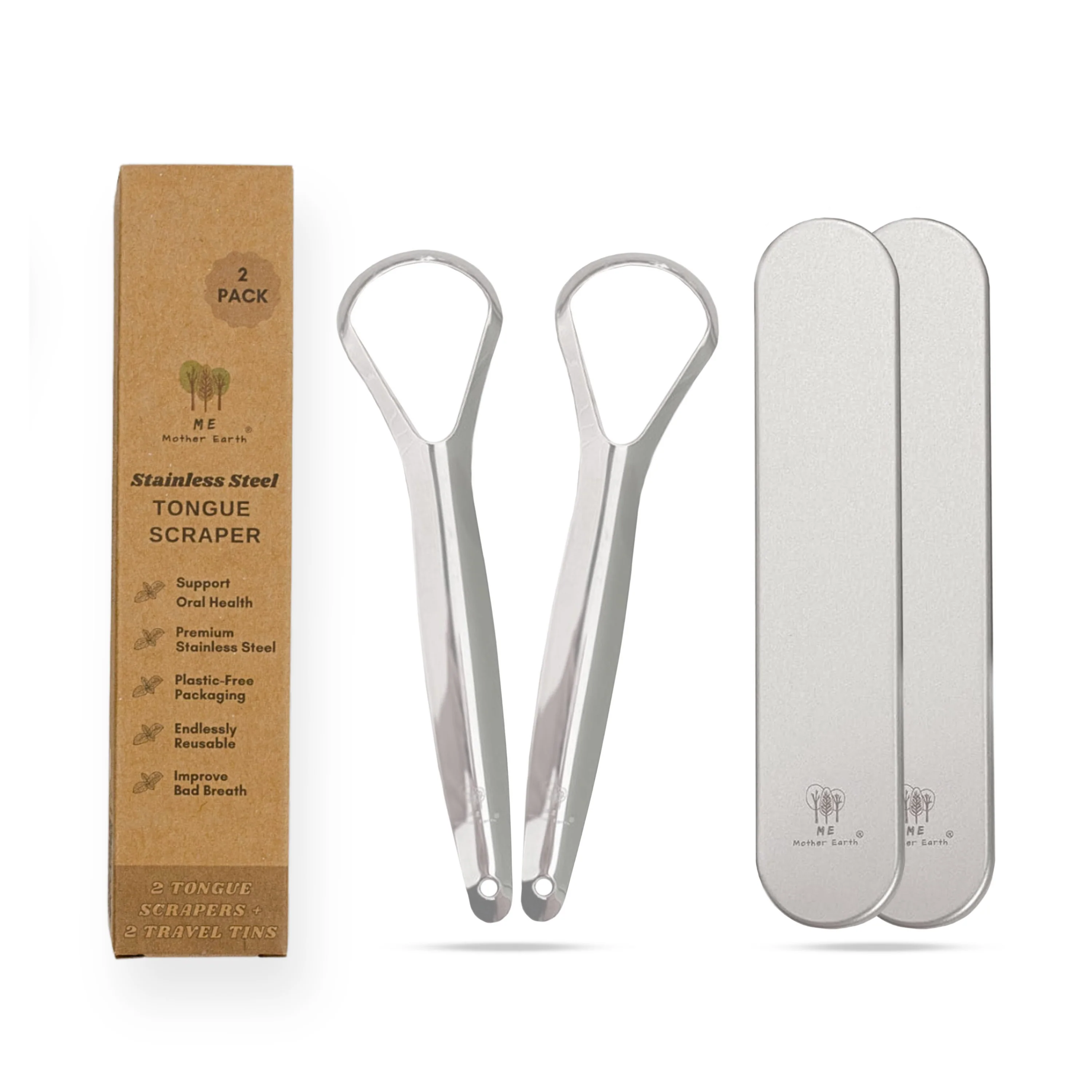 Minimalist Me Mother Earth Stainless Steel Tongue Scrapers Travel Tins Set Breathable