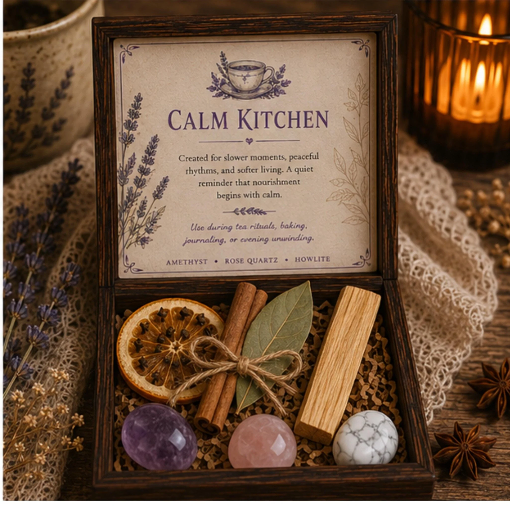 Luxury Calming Crystal Set Wood Kitchen Keepsake Box Mindful Living Self Care Gift Cottagecore Decor Artisan
