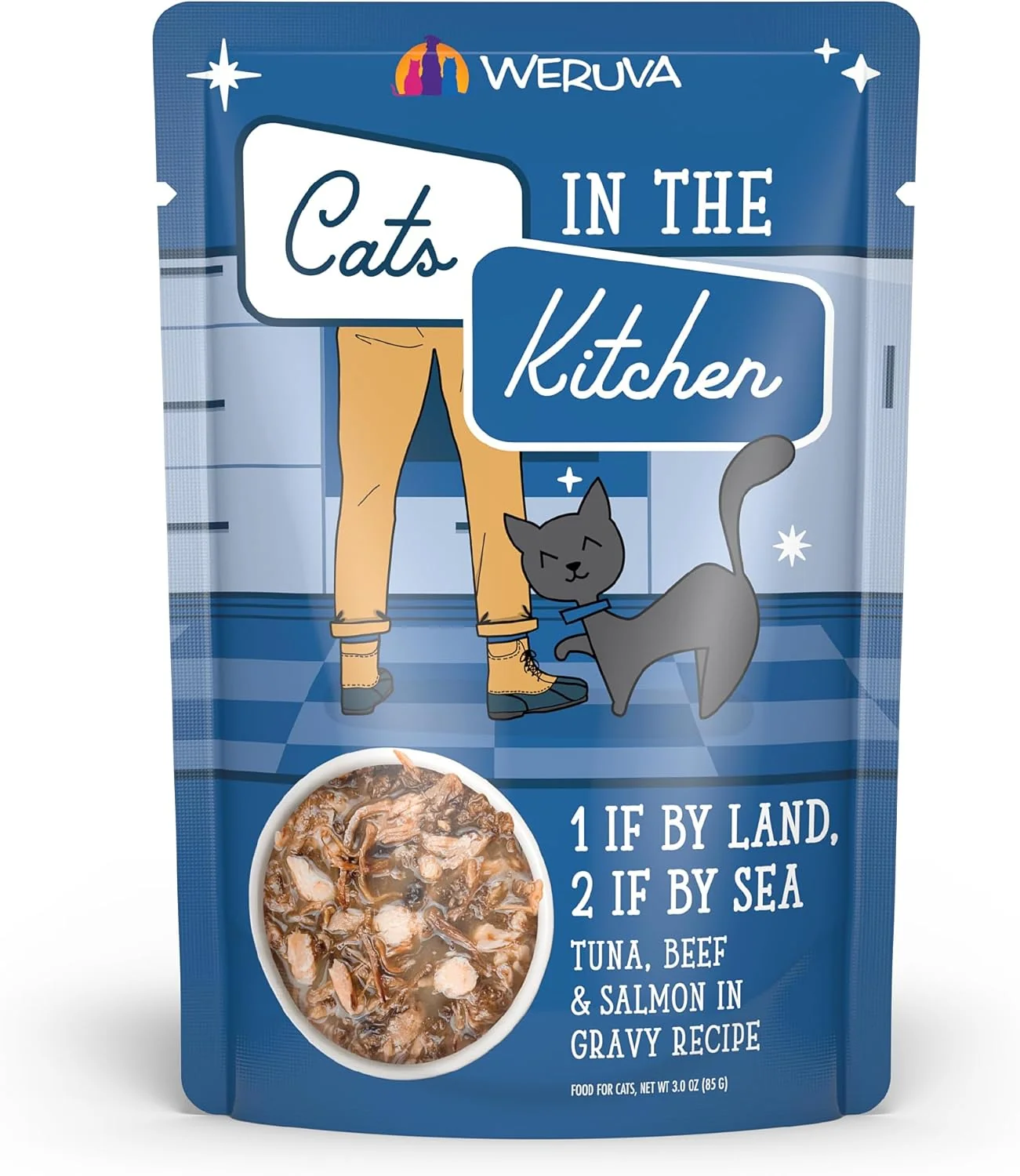 Genuine Weruva Cats in The Kitchen 1 if by Land 2 if by Sea with Tuna Beef Salmon in Gravy Cat Food 3oz Pouch Pack of 12 Outstanding