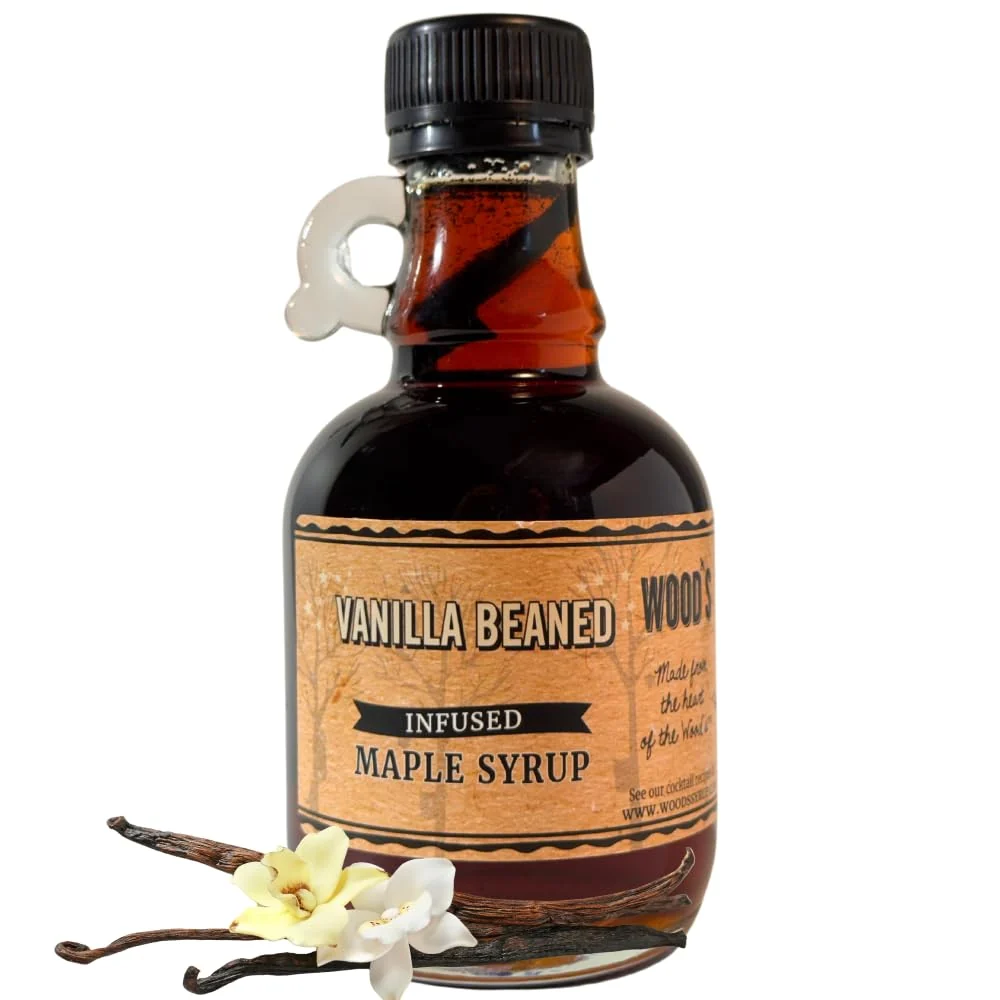 Green WOOD'S Vanilla Beaned Maple Syrup – Infused Vermont Maple Syrup with Vanilla Bean Pod Smooth Rich All-Natural Vegan Sweetener for Breakfast Baking Seafood Popcorn More 8.45 Fl Oz 250mL Authentic
