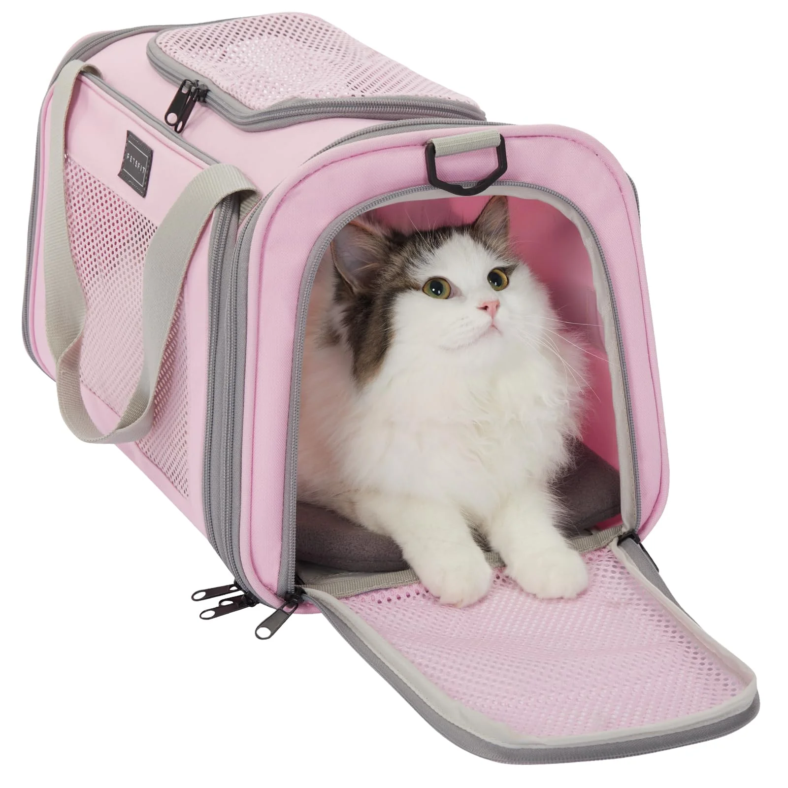 Sophisticated Petsfit Airline Cat Carrier – 17.5×10.5×10.5 in with 3-Way Entry Locking Zippers Safety Leash User-Friendly