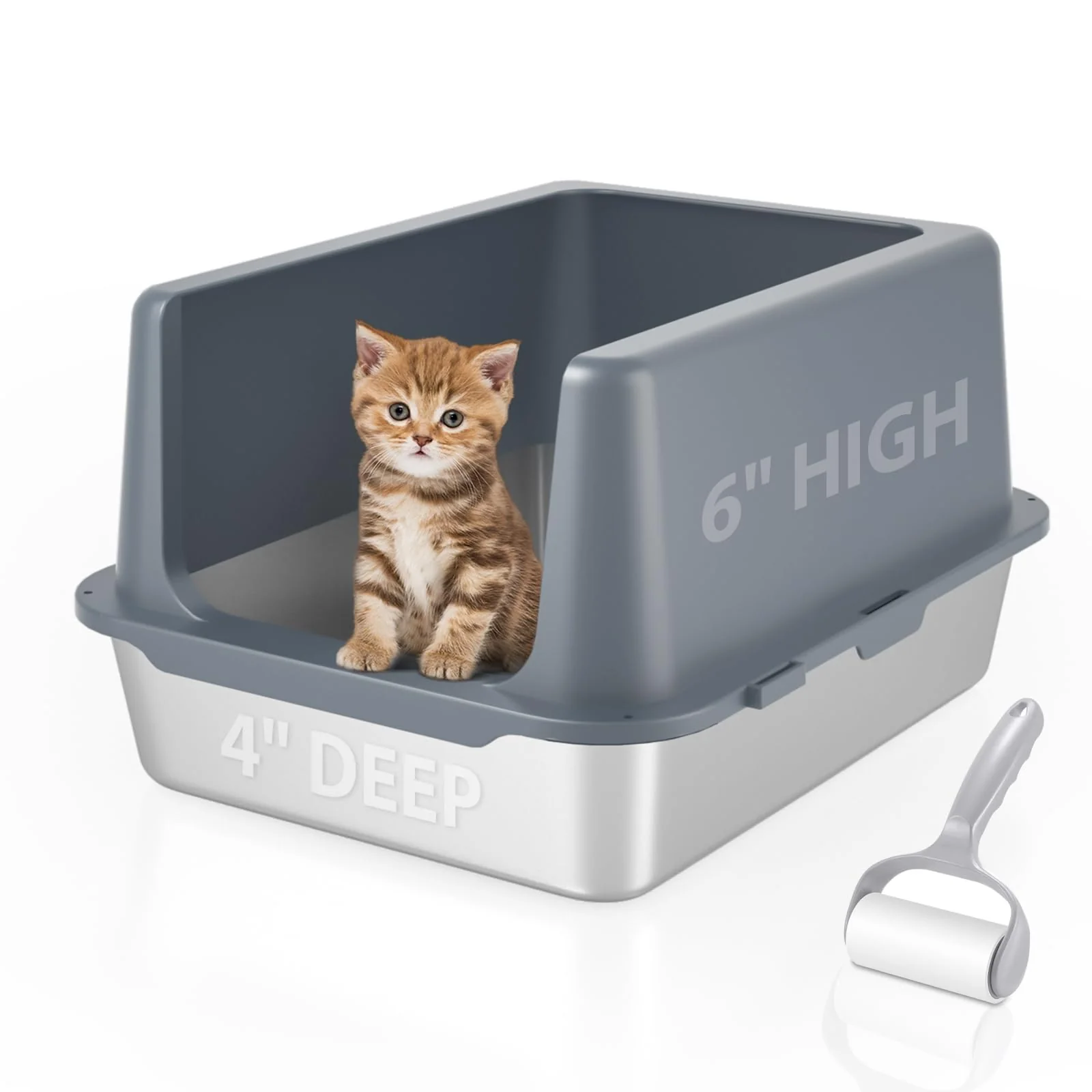 High-Quality LIHOOOOM Litter Box with Lid – 10 High-Sided Stainless Steel Enclosed Pan Grey for Cats Reusable