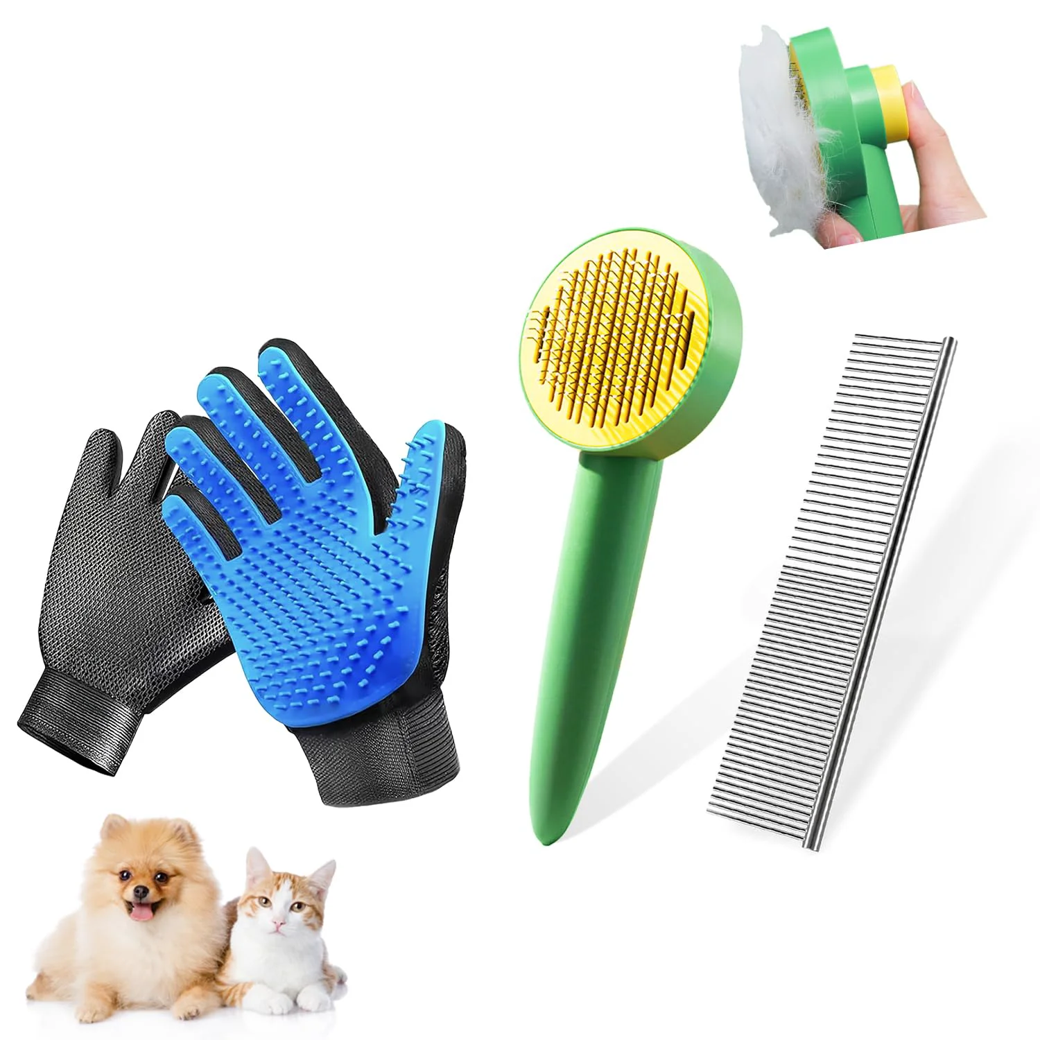 User-Friendly Dog Cat Brush Pet Grooming Kit 4PCS- Dog Brush for Shedding A Pair Pet Hair Removal Gloves Metal Comb for dog.Removes Undercoat Loose Hair Tangled Dirt and Massages. All hair Types Refined