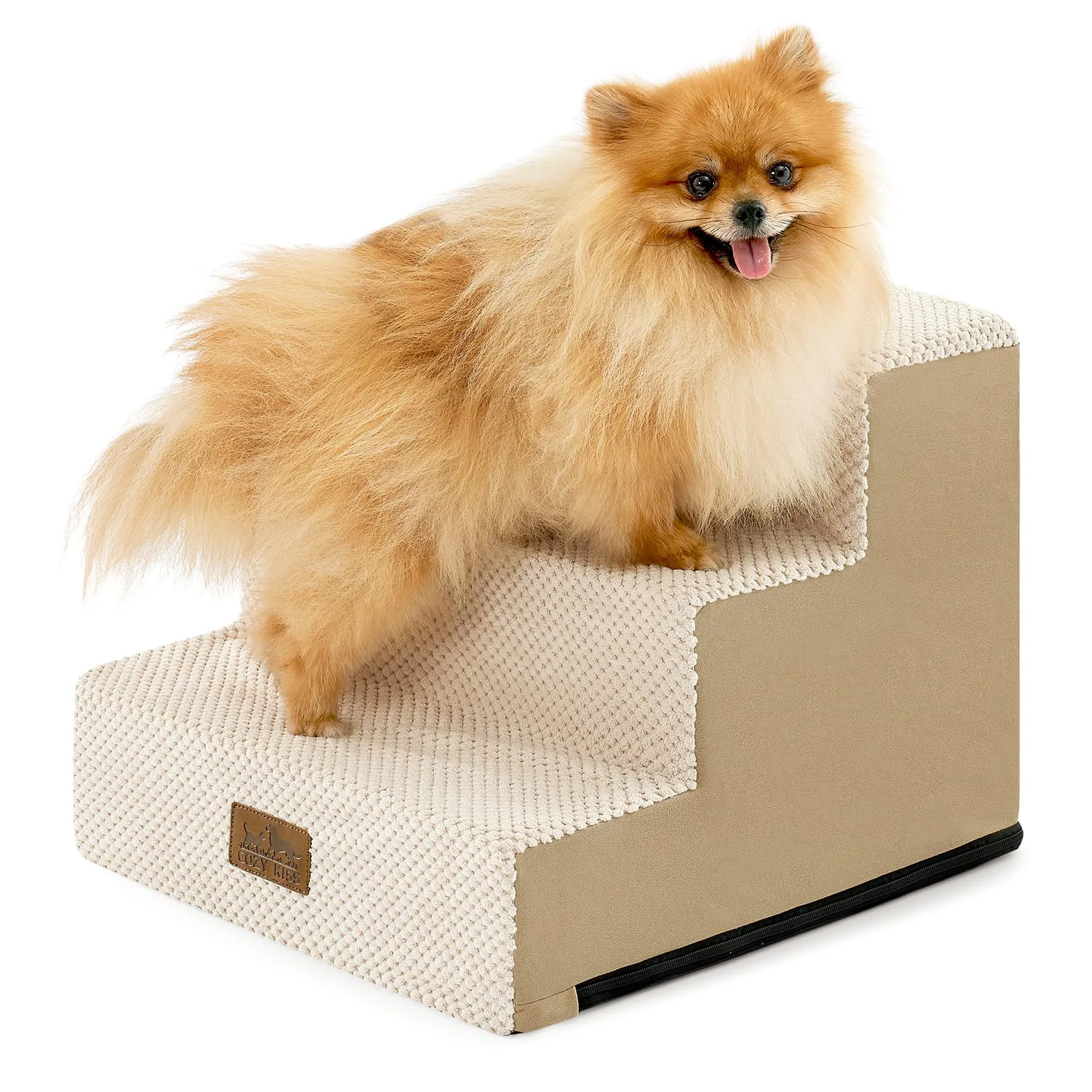 Specialty COZY KISS 3-Tier Dog Stairs for Small Dogs — Non-Slip Beige Steps User-Friendly