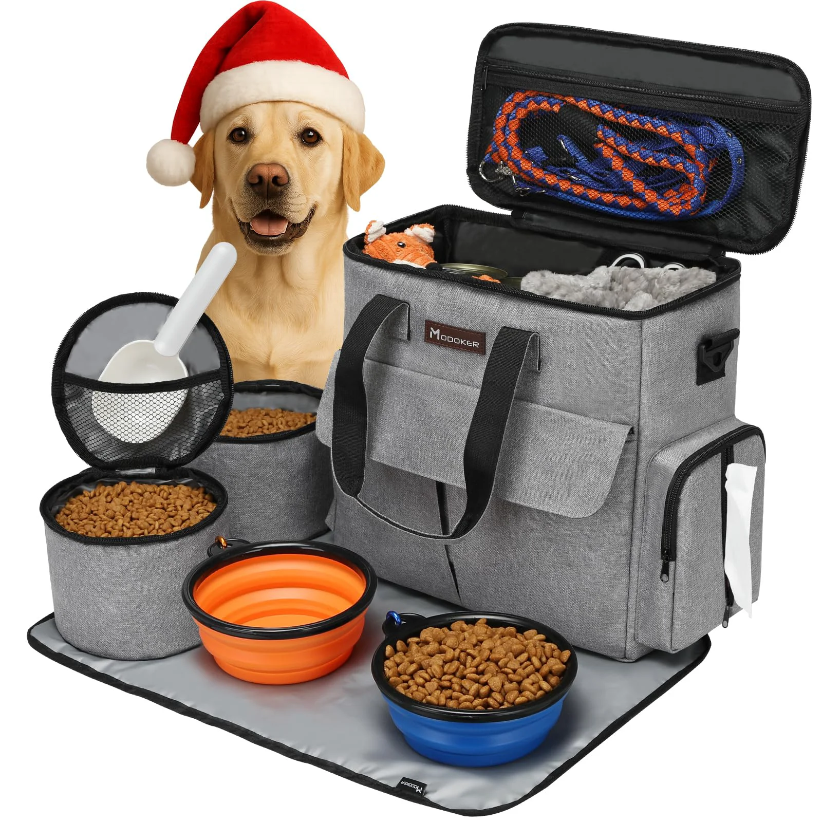 Long-Lasting Modoker Dog Travel Bag Airline- Pet Tote Organizer with Food Carriers Collapsible Bowls Feeding Mat Superior