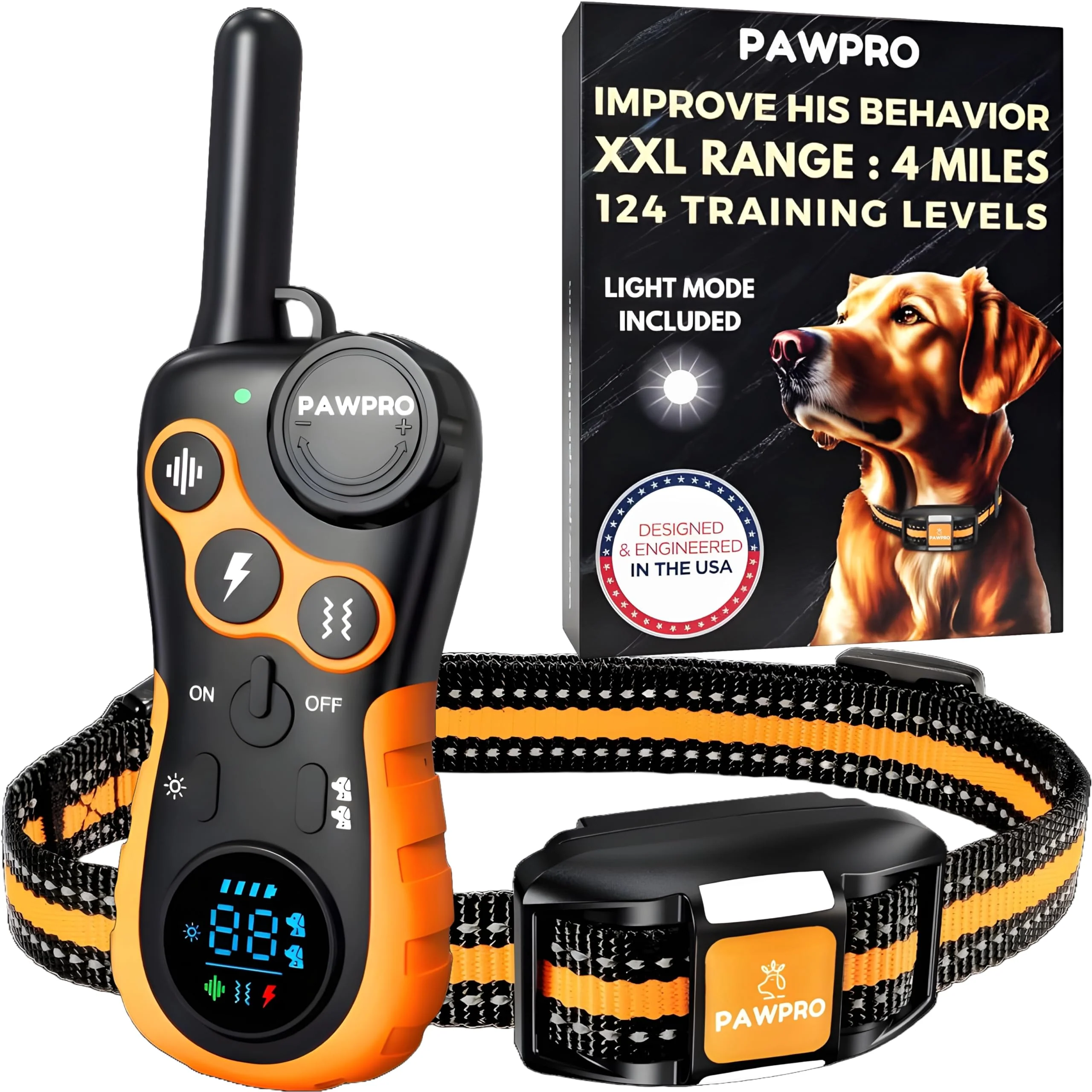 Enhanced PAWPRO Dog Shock Collar with Remote – 4-Mile Range 124 Levels 4 Modes World-Class