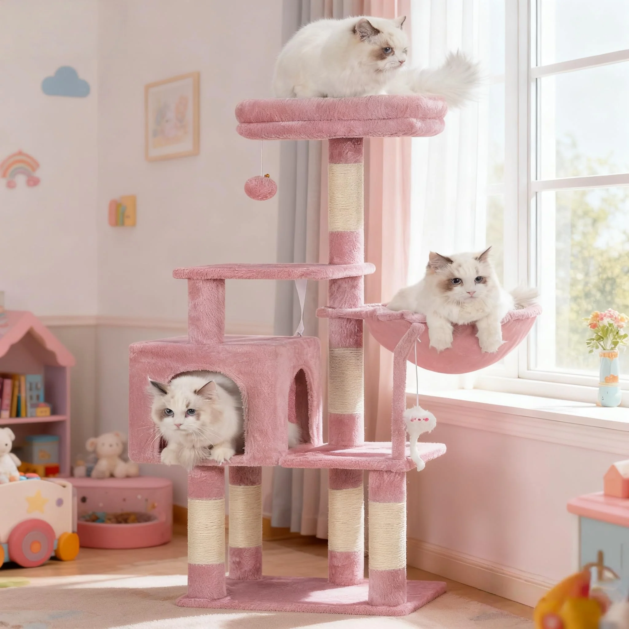 Fine Crafted Heybly Cat Tree with Toy – Pink Indoor Cat Condo with Plush Perch Hammock Sisal Posts HCT004SP Traditional