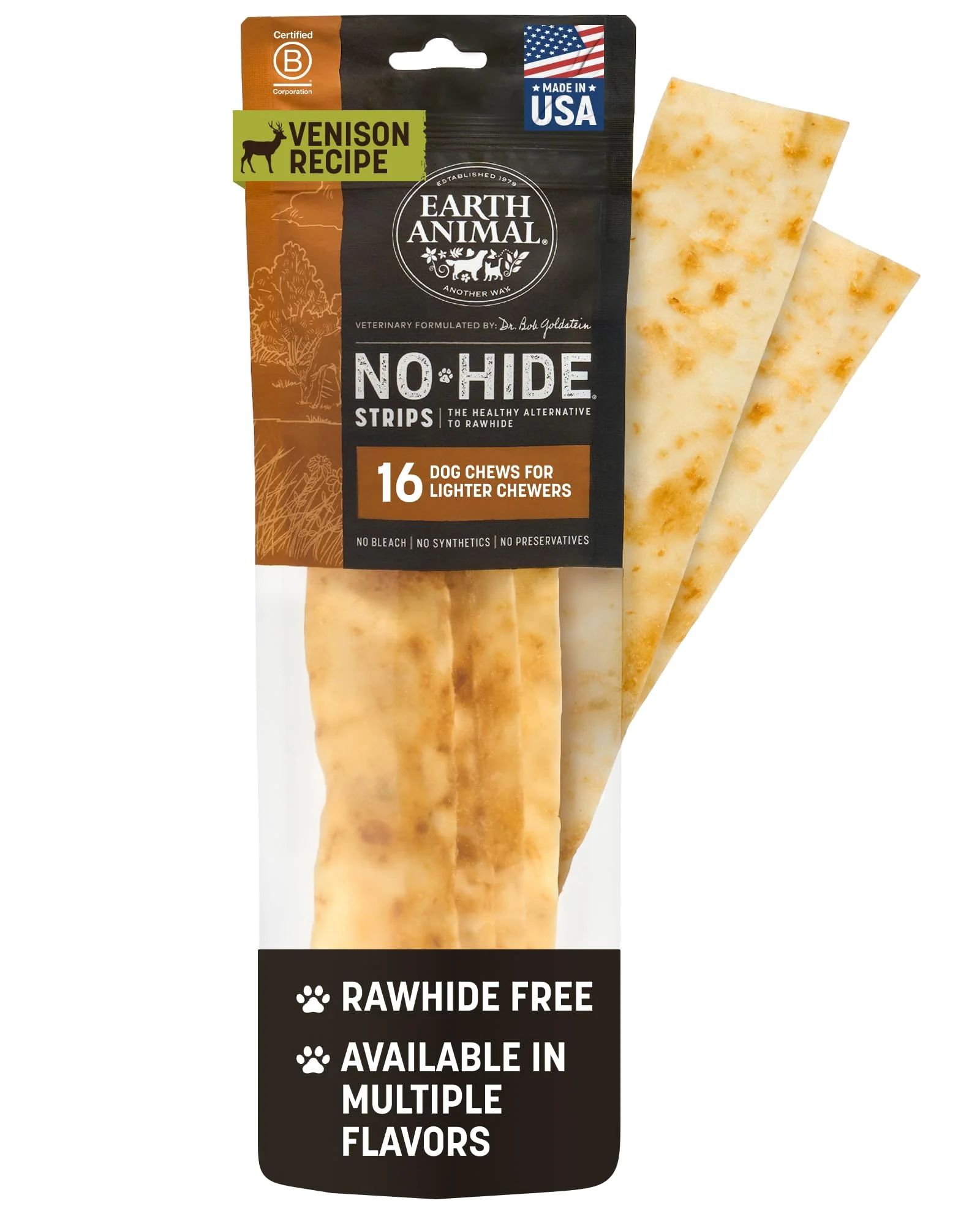 World-Class Earth Animal No Hide Strips – Venison Rawhide- Dog Chews 16 Count Convenient