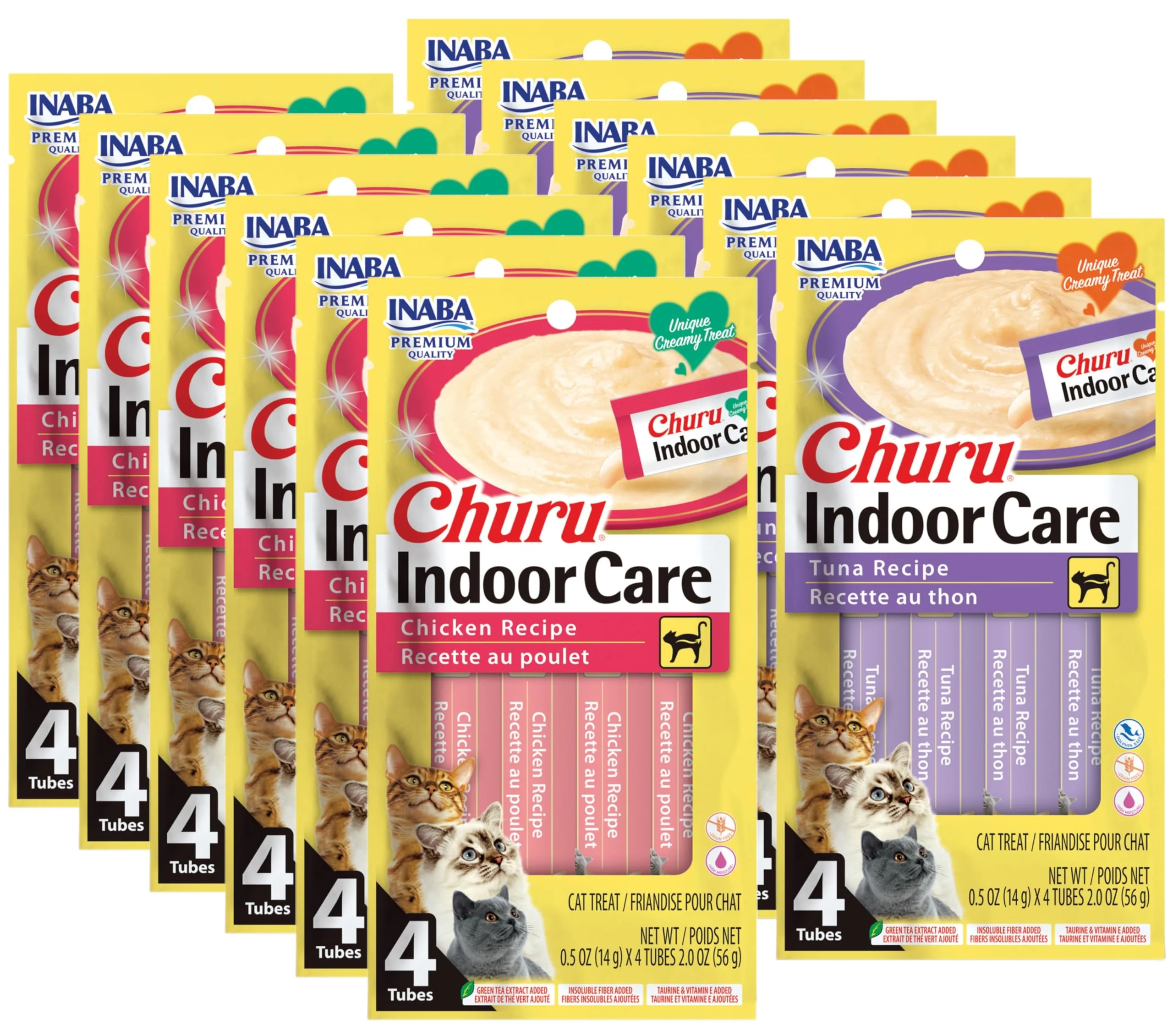Official INABA Churu for Cats - Creamy Lickable Purée Hairball Control Indoor Care Tuna Chicken 48 Tubes Powerful