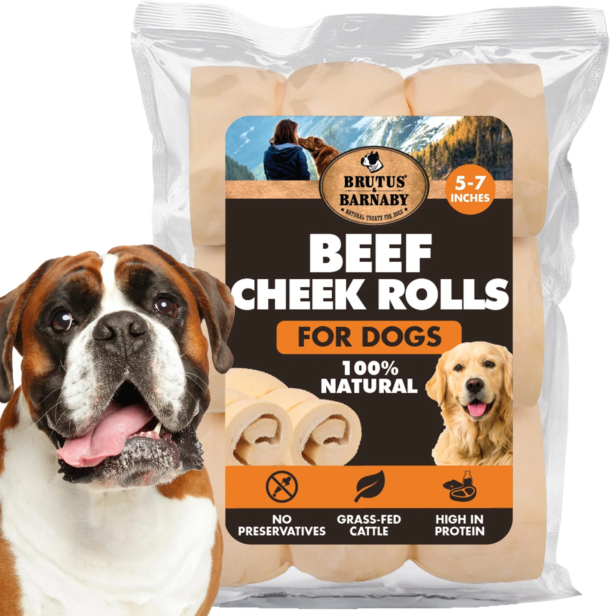 High-Quality BRUTUS BARNABY Premium Beef Cheek Rolls for Large Dogs – 10-Pack Rawhide- Chews 5-7 inches Recyclable
