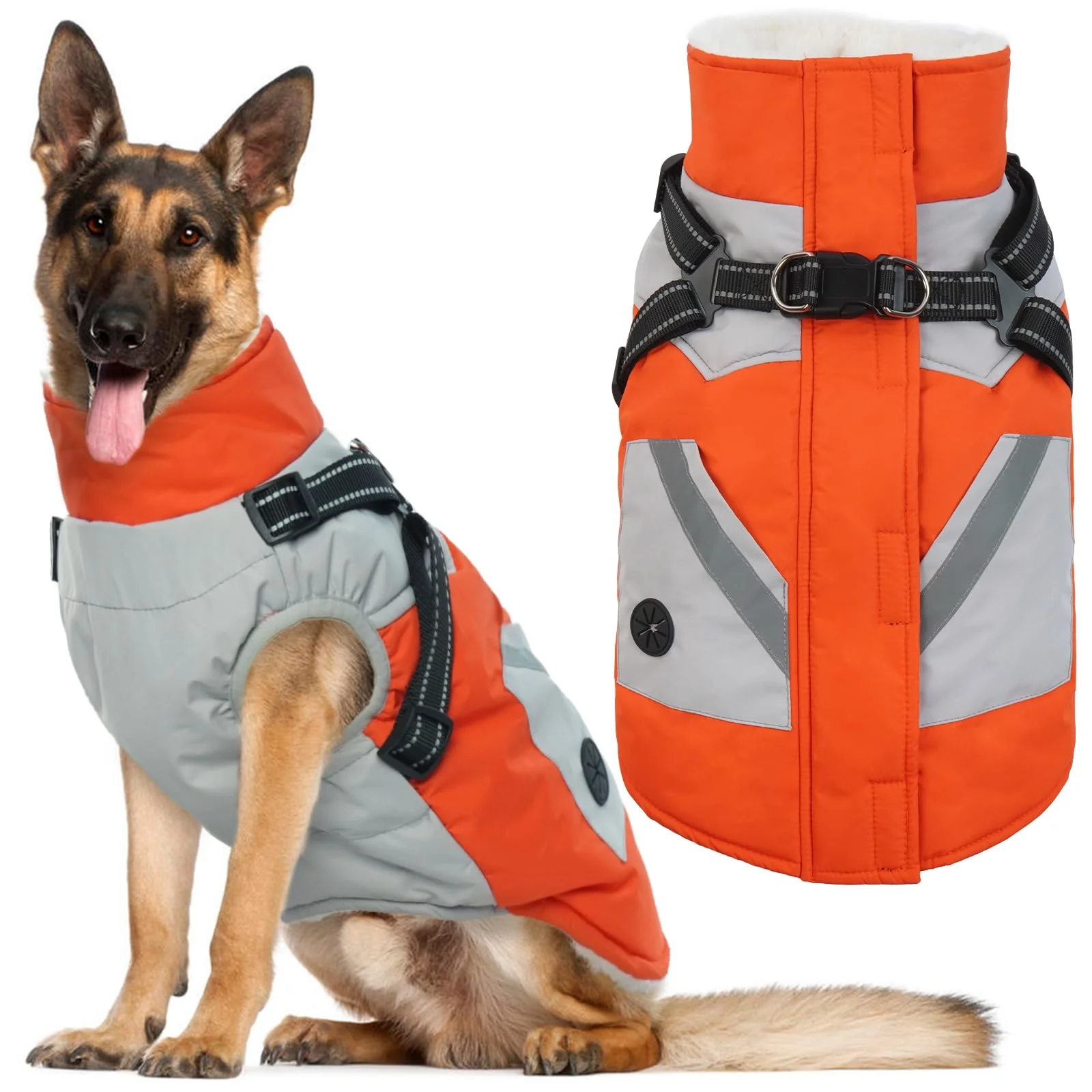 Sustainable IECOii XXLarge Waterproof Dog Coat with Built-in Harness - Orange Fleece-Lined Winter Jacket for Large Dogs Recyclable