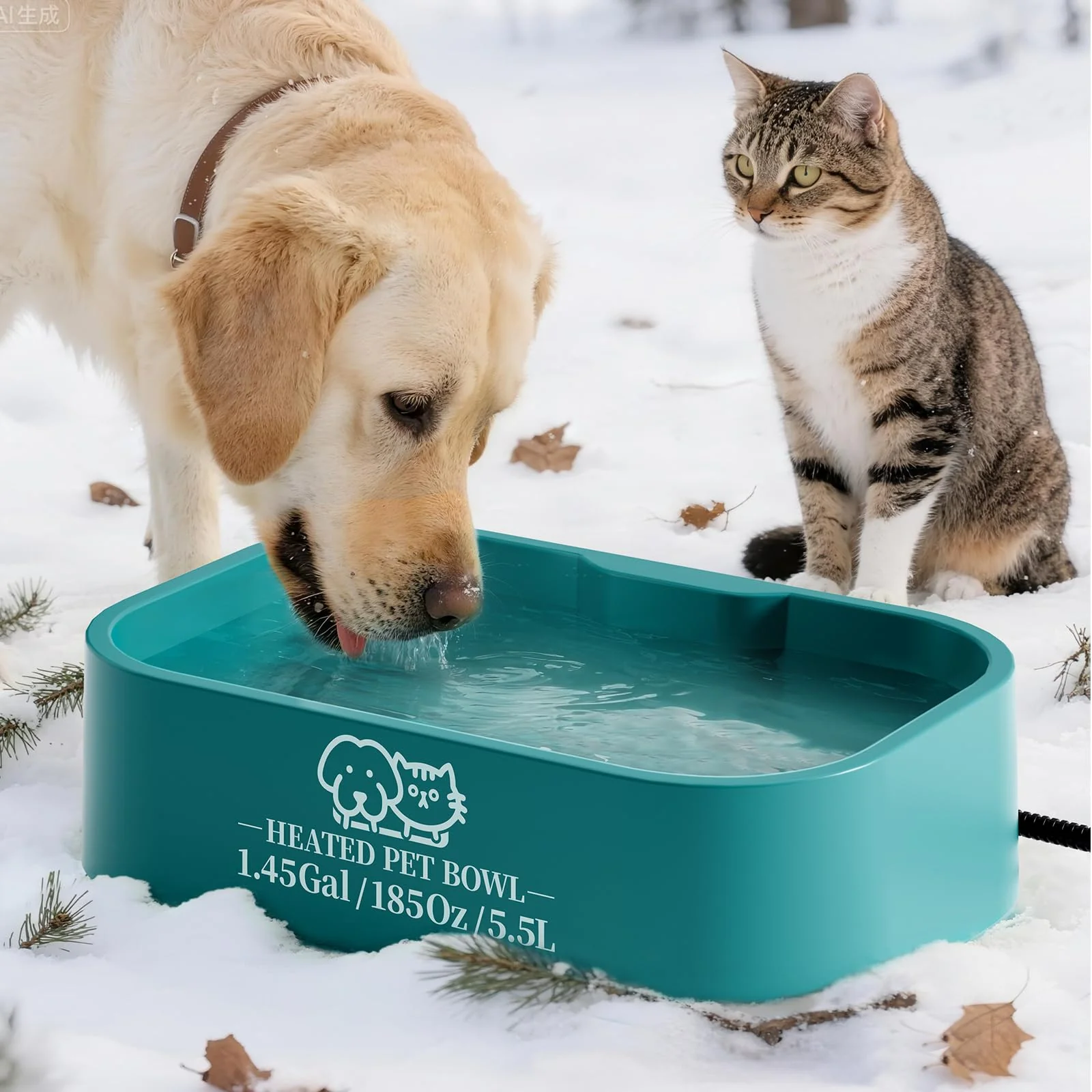 Certified Angelspet 1.45 Gallon Extra-Large Outdoor Heated Water Bowl for Dogs Cats – Anti-Chew Cord Waterproof Luxury