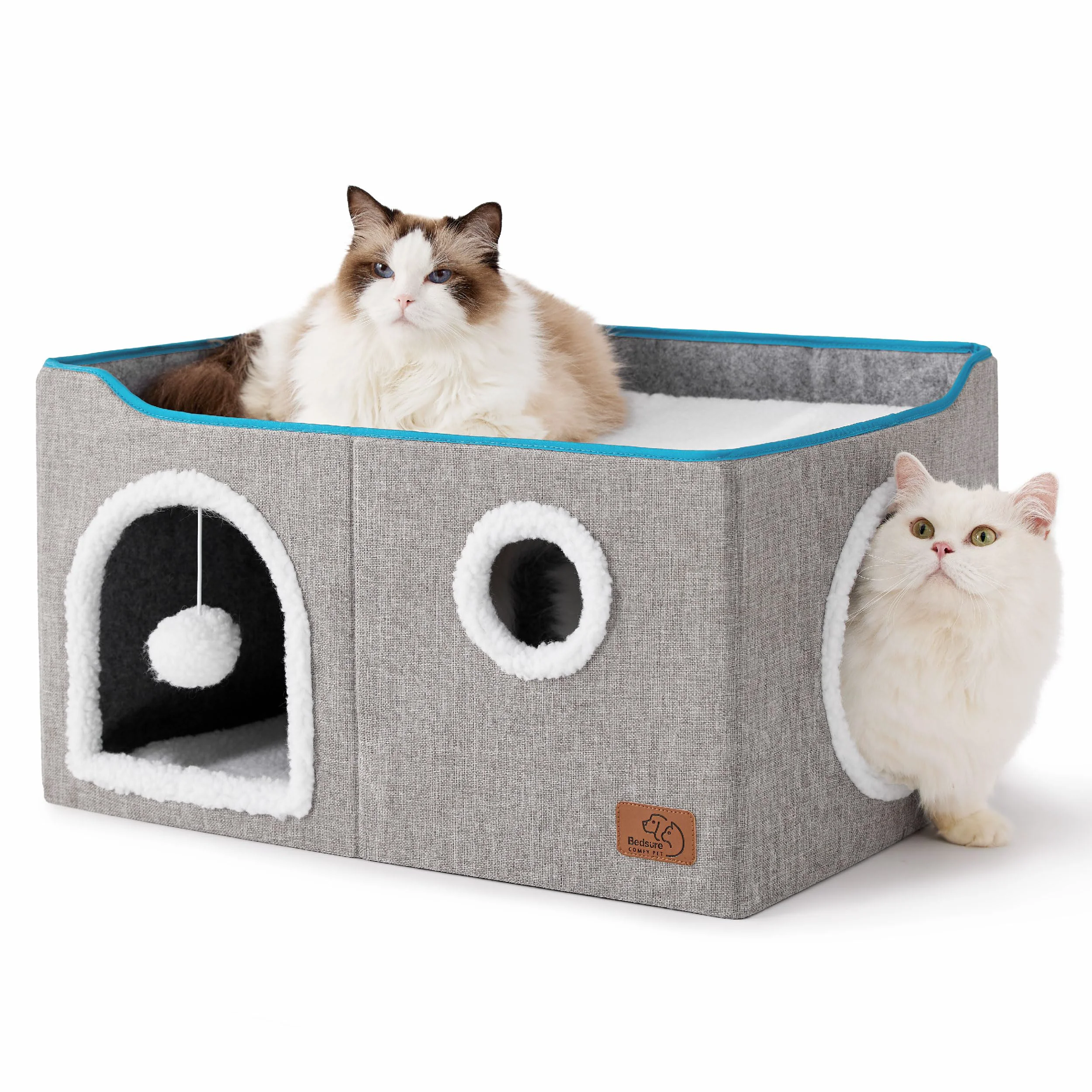 Sophisticated Bedsure Large Cat Beds - Extra Wide Cat Cube House with Fluffy Ball Scratch Pad Foldable Hideaway 23.6x16.9x13 in Grey Smooth