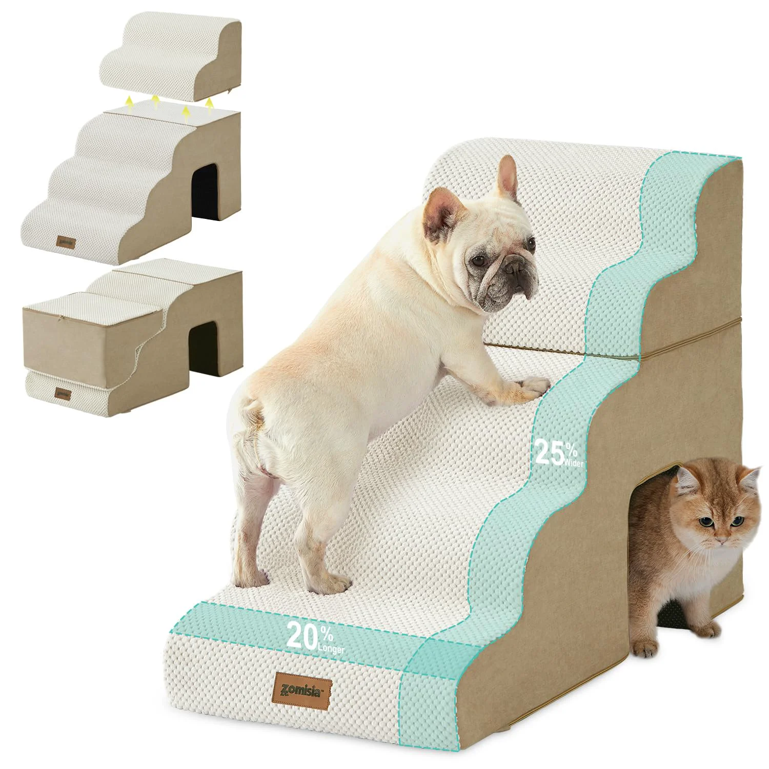 Durable ZOMISIA 5-Step Dog Stairs for Large Dogs - 24-inch High 2-In-1 Zipper Beige High-Grade