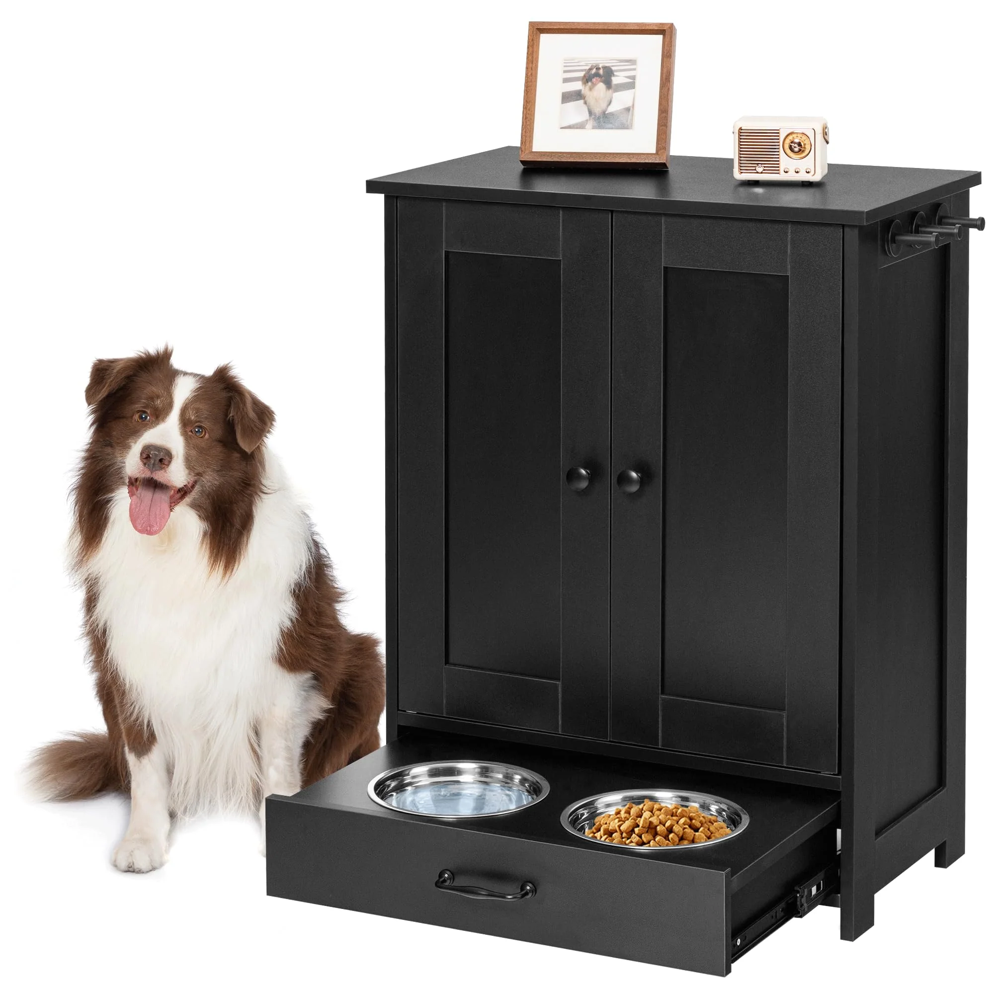 Elite ALINE FURNITURE Dog Feeding Station with Storage Cabinet d Bowls – Black Fine Crafted