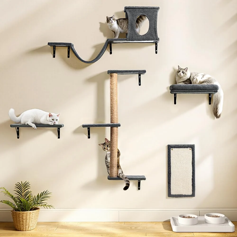 First-Class PawGiant Cat Wall Shelves – 5-in-1 Wooden Wall Climber for Drywall and Solid Walls Smooth