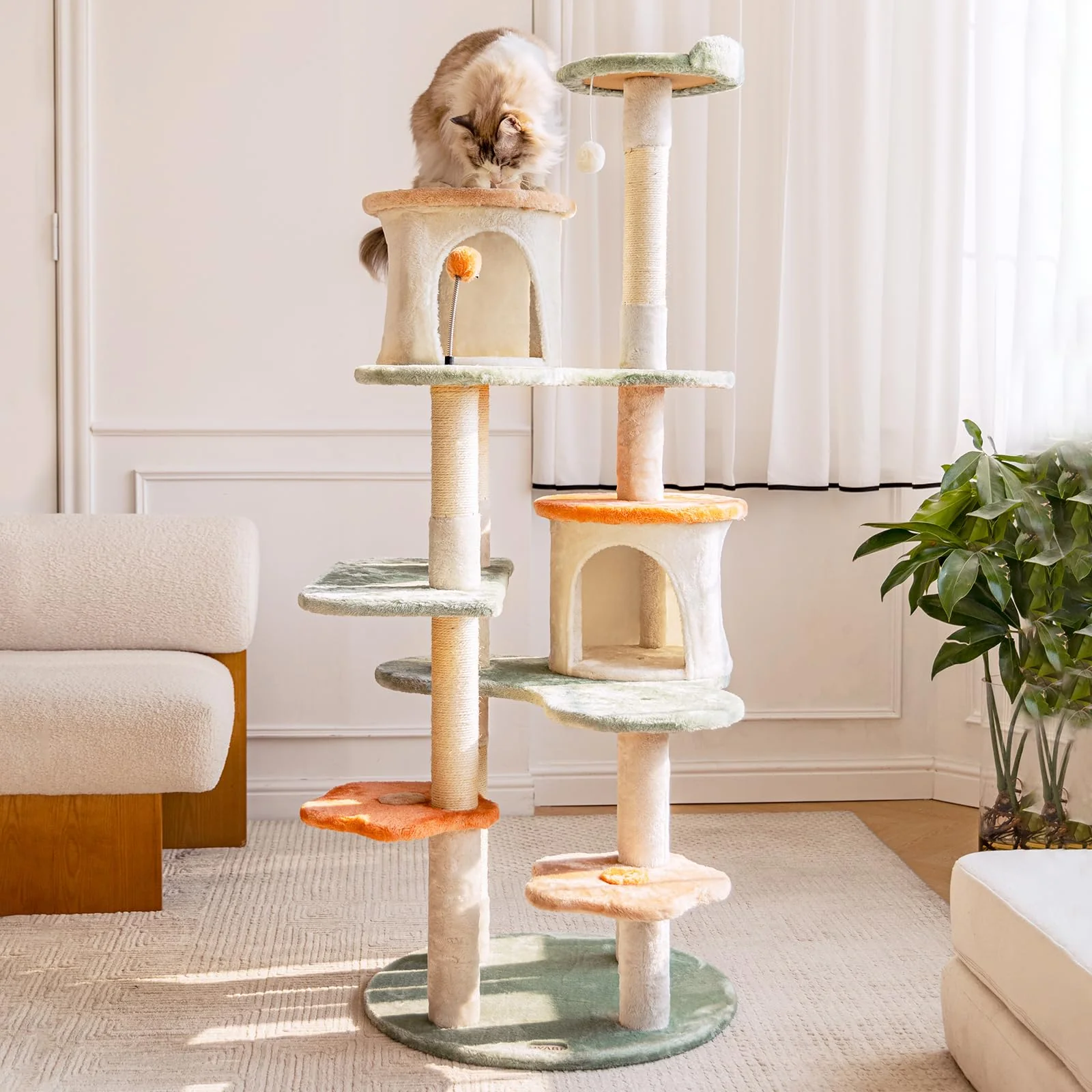 Green HYABI 63-Inch Cat Tree for Large Cats — Flower Design with Condos Sisal Posts Indoor Playhouse Genuine