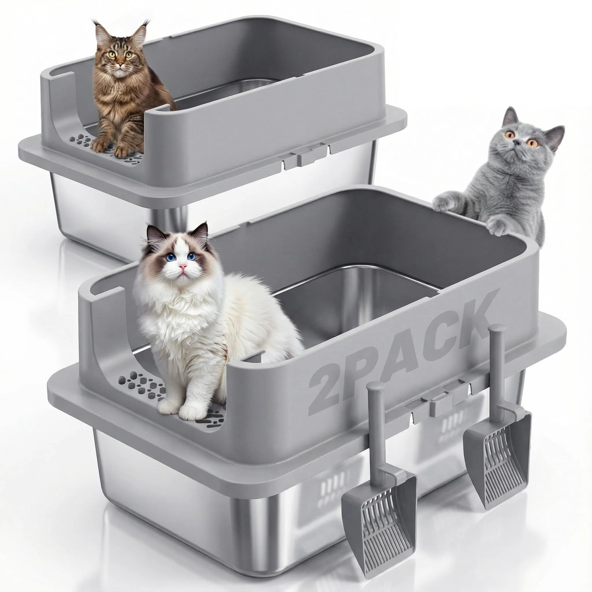 Minimalist Jotesnew 2-Pack XL Stainless Steel Cat Litter Boxes with Lid – High Sides 24 L x 16 W x 12 H High-Quality
