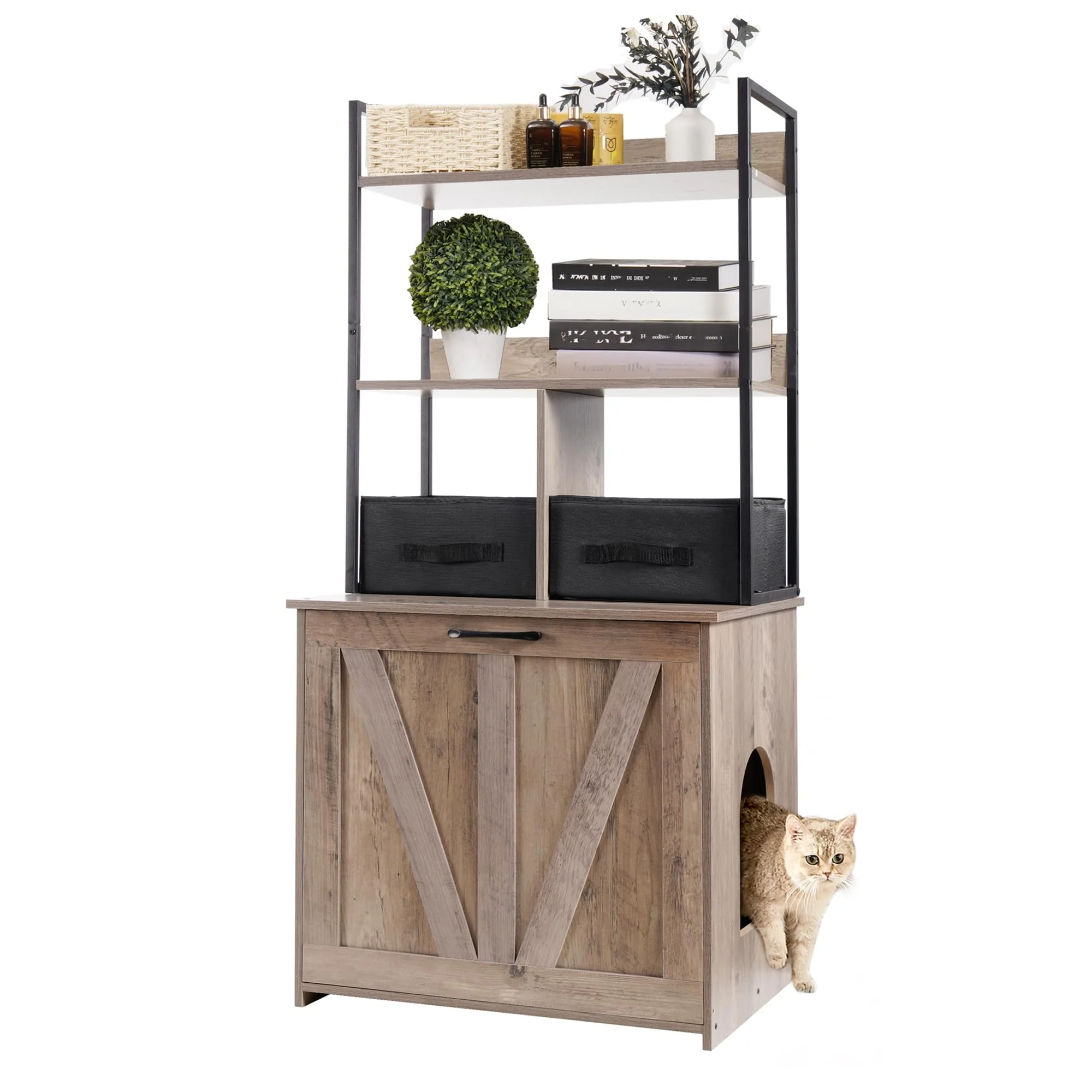 Recyclable Dwanton Litter Box Enclosure — 50-Inch Greige with 2 Shelves 2 Drawers First-Class