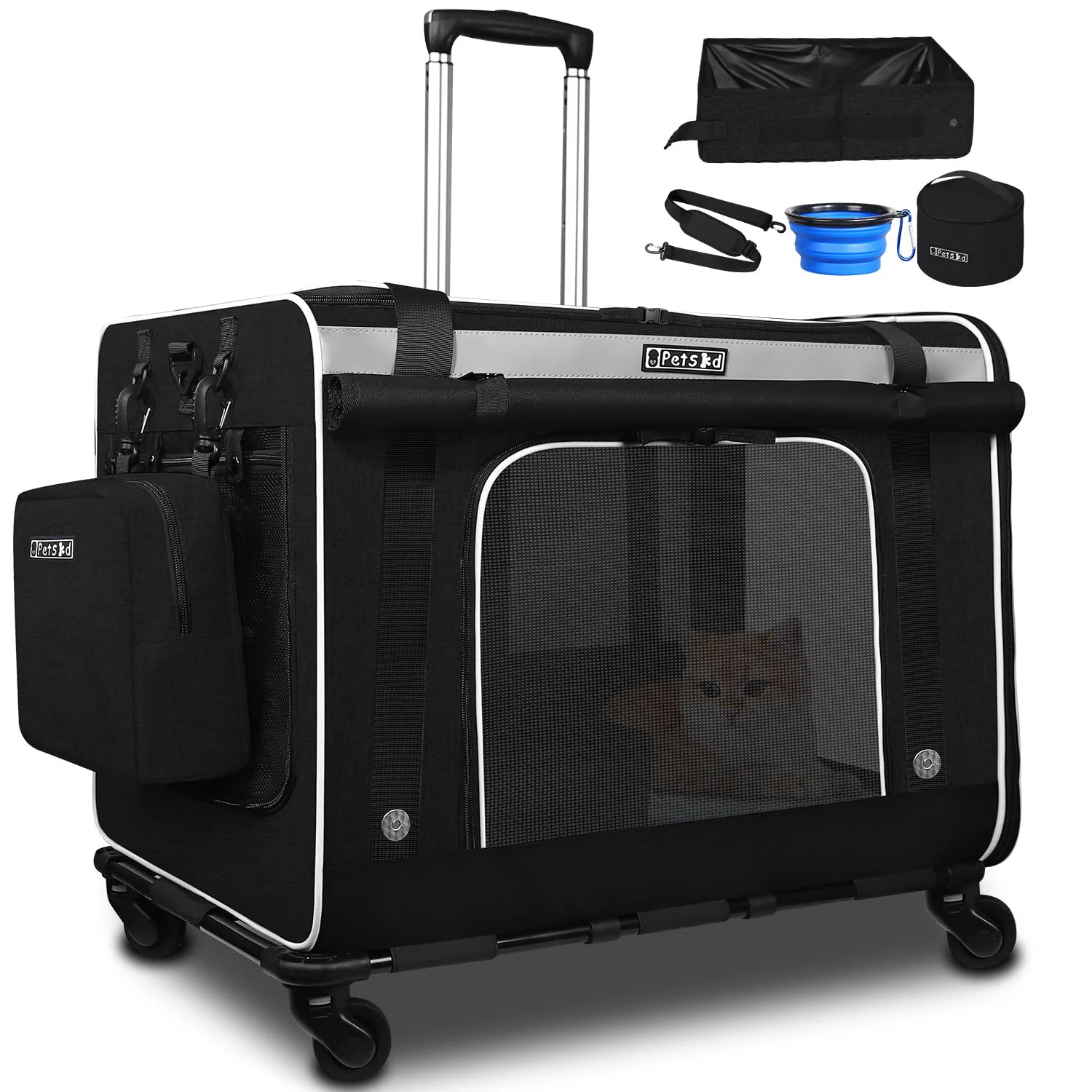 Optimized Petskd Extra Large Cat Carrier with Wheels Litter Box — 24x17x17 Rolling Carrier for Pets Up to 55 lbs Black Premium Material