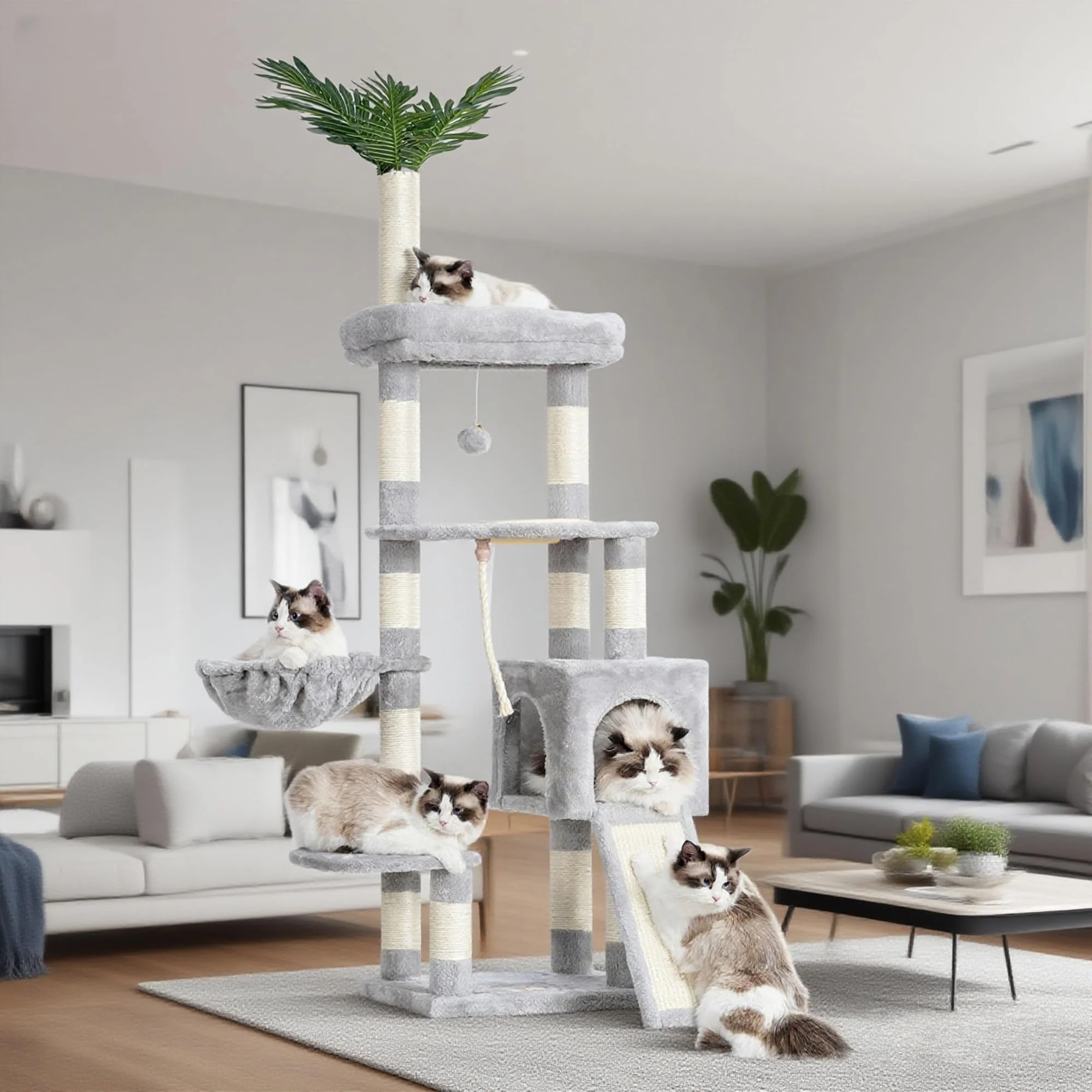 Green Heybly Cat Tree Tower for Indoor Cats – 65.4in Multi-Level Condo HCT015W Dependable