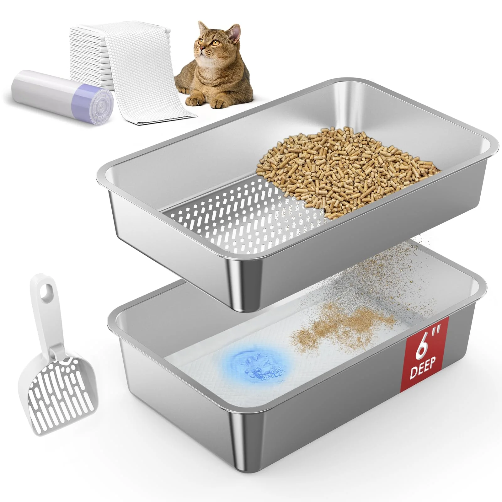 Lightweight SuzziPaws XL Stainless Steel Litter Box with Odor Control System – Open Top Sophisticated