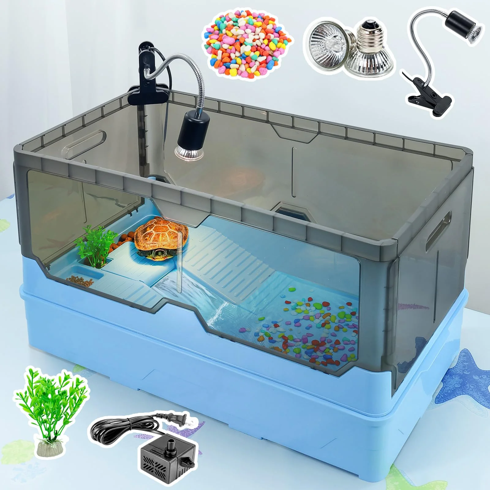 Reusable RunDuck Turtle Habitat Tank Kit – Fresh Filtration Waterplay Heat Lamp Easy Water Changes XL Blue Natural