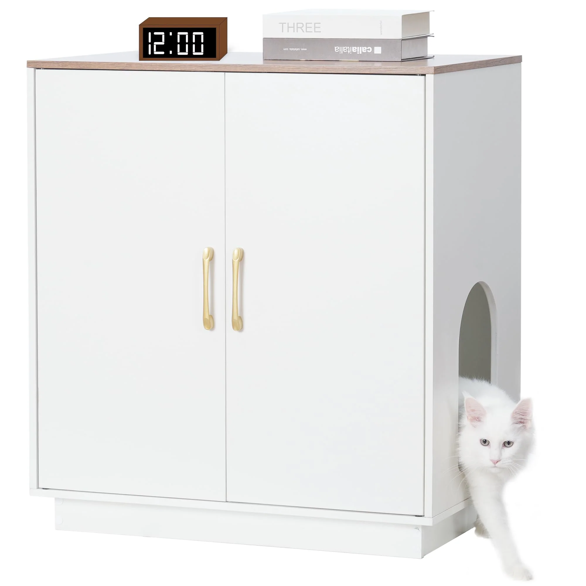 Casual Gitelsnour Litter Box Enclosure - 30.9in High Hidden Storage Side Table White Brown GCLB003WWB Classic