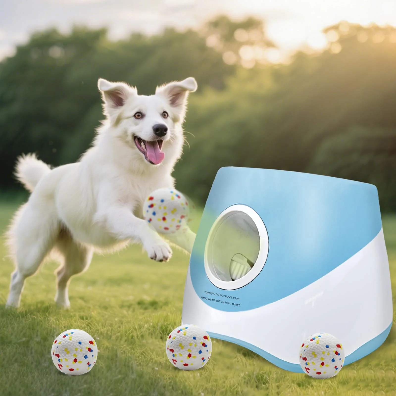 Environmentally Friendly MEKAPLE Automatic Dog Ball Launcher for Small to Medium Dogs — Adjustable Distances 4 Durable Balls Blue High-End