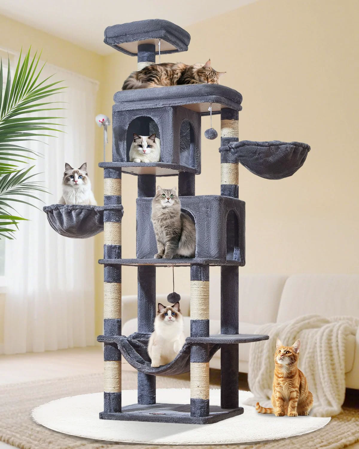 Pure Taoqimiao 77-Inch Cat Tree for Large Cats MS044G - Smoke Gray 2 Condos 2 Hanging Baskets Hammock Soft