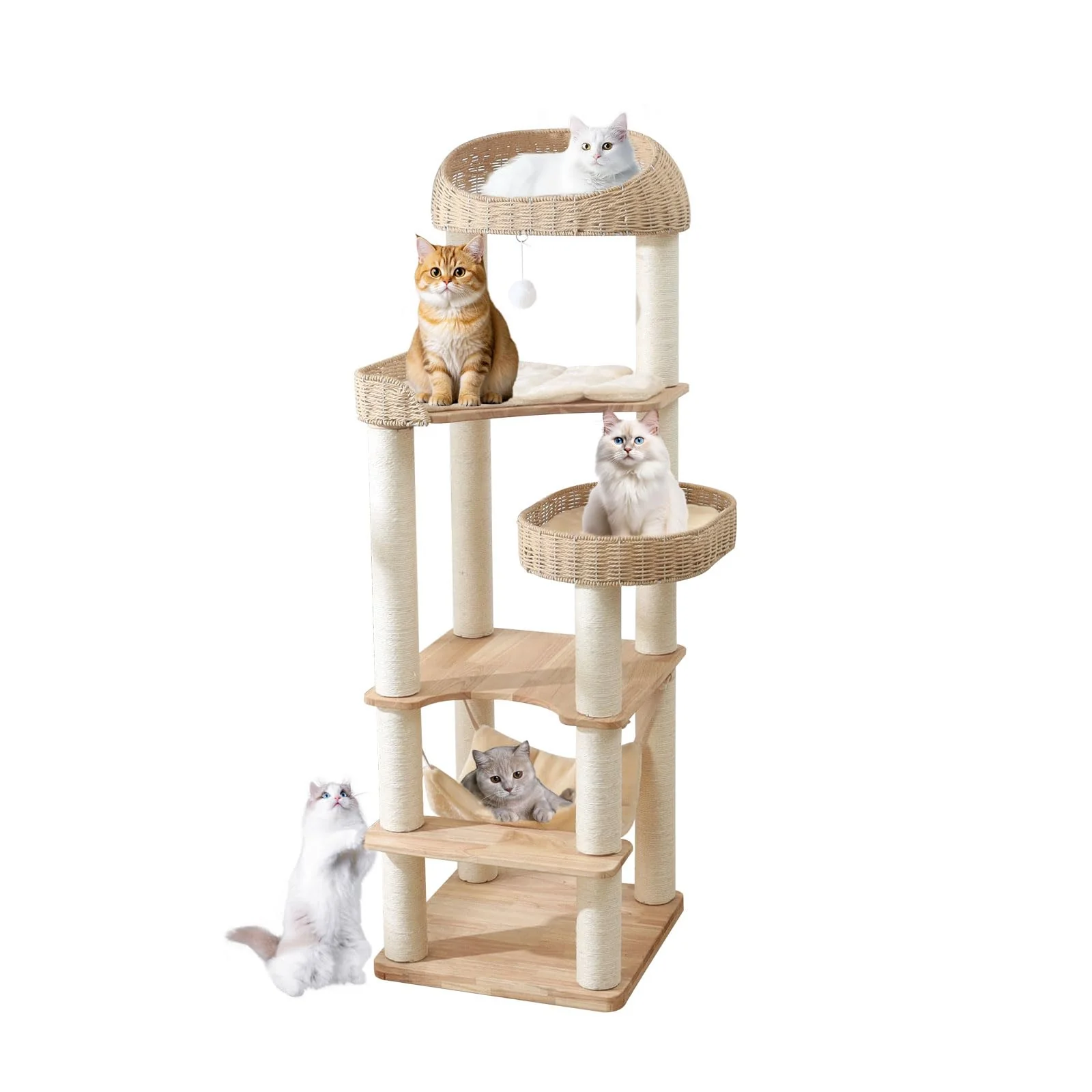 Crafted JLDUQKUM 62-Inch Wooden Cat Tree Tower – Large Cat Condo Hammock Handwoven Baskets High-Quality