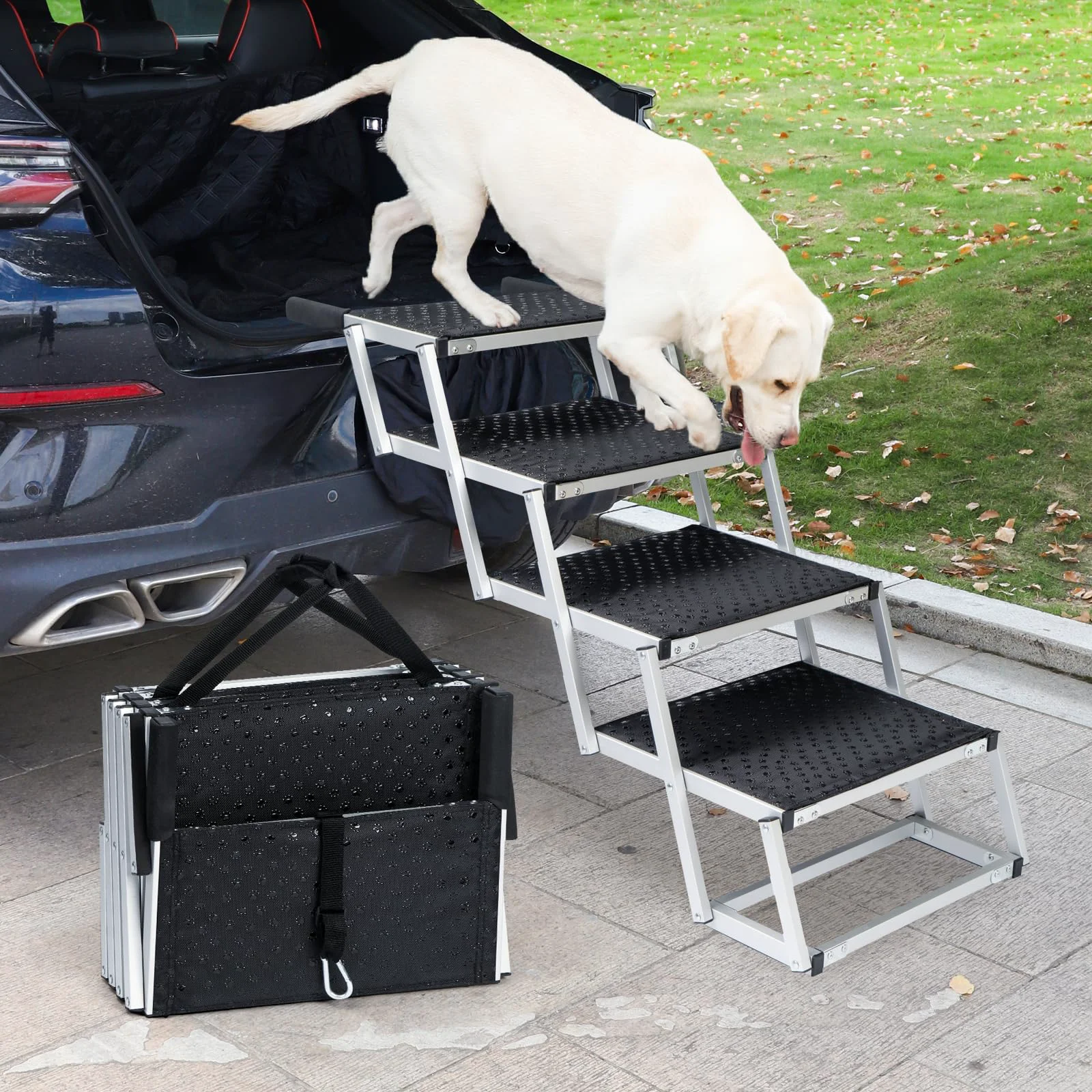 Fast Uross Dog Stairs for Car - 4-Step Aluminum Pet Stairs 23-26 in trunk Smart