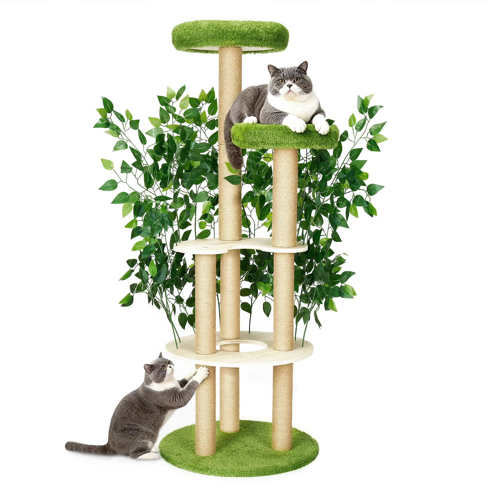 Exclusive Veehoo Cat Tree for Indoor Cats – 61-Inch Tall Tower with Scratching Posts Interchangeable Leaves Secure