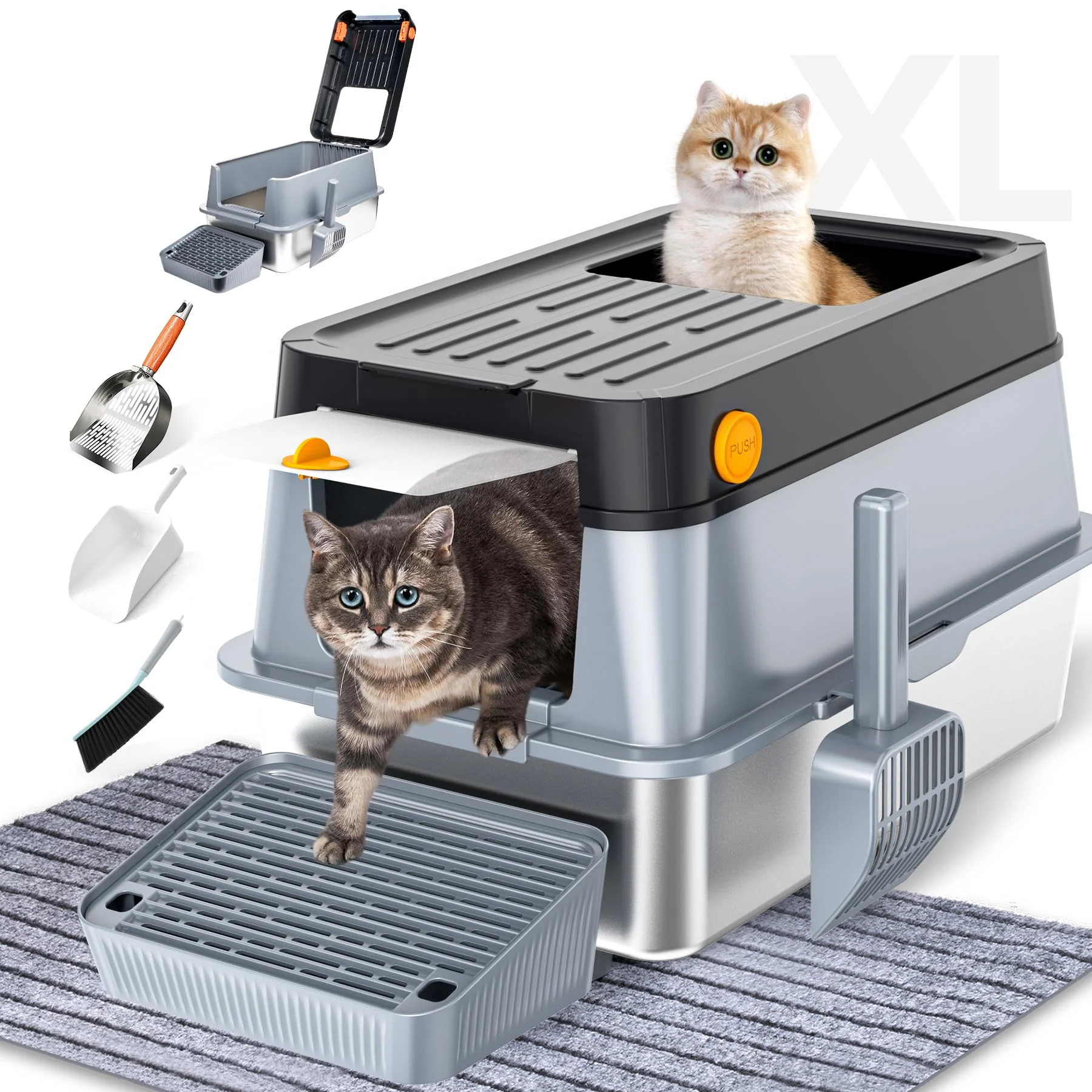 Solid Mlazo Stainless Steel Cat Litter Box with Lid – XL Enclosed 24x16x15 20L Dual Entry Leak-Proof Detailed