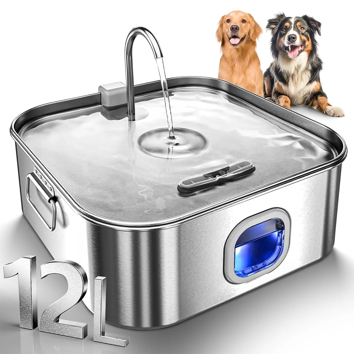 Artisan MAILOFY 12L Stainless Steel Dog Water Fountain – Large Capacity Quiet Pump LED Night Light Fine