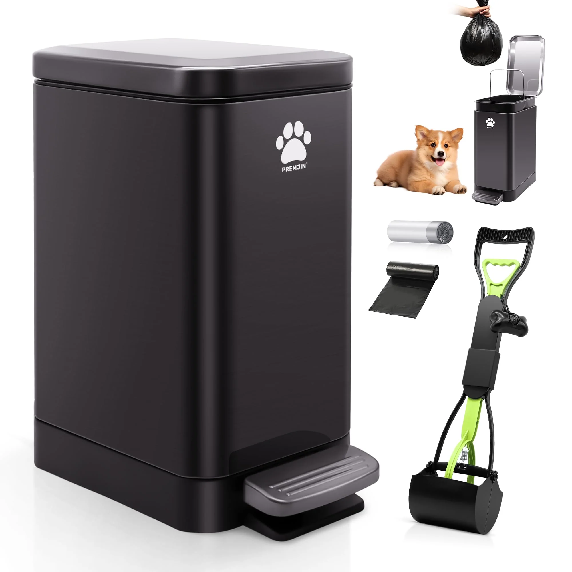 Genuine PREMJIN Dog Poop Trash Can Outside with Pooper Scooper — 12L 3.2Gal Tungsten Steel Versatile