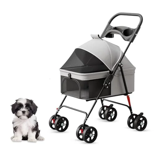 User-Friendly LUXE CARES 4-Wheel Foldable Pet Stroller – Lightweight Mesh-Canopy Cup Holder Soft