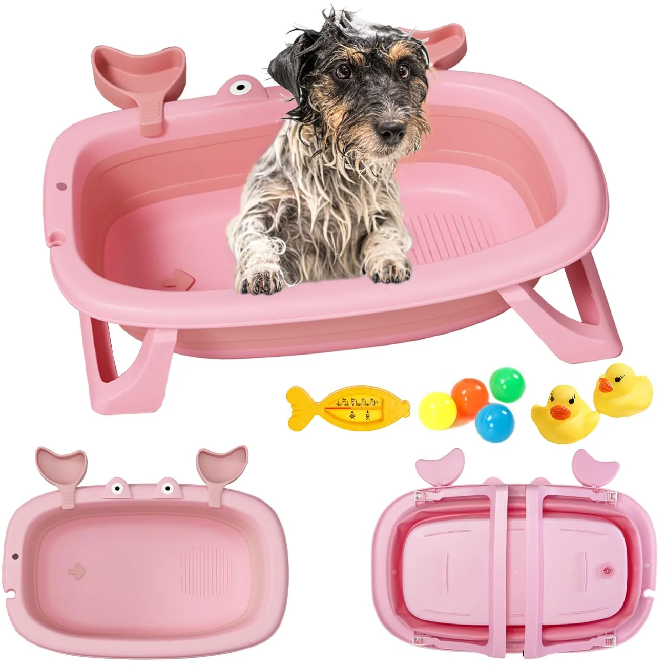 Crafted INdrean Foldable Dog Bath Tub with Toys – Portable Pink Pet Bath for Small Medium Dogs 26.5x17.2x7.8 in Official