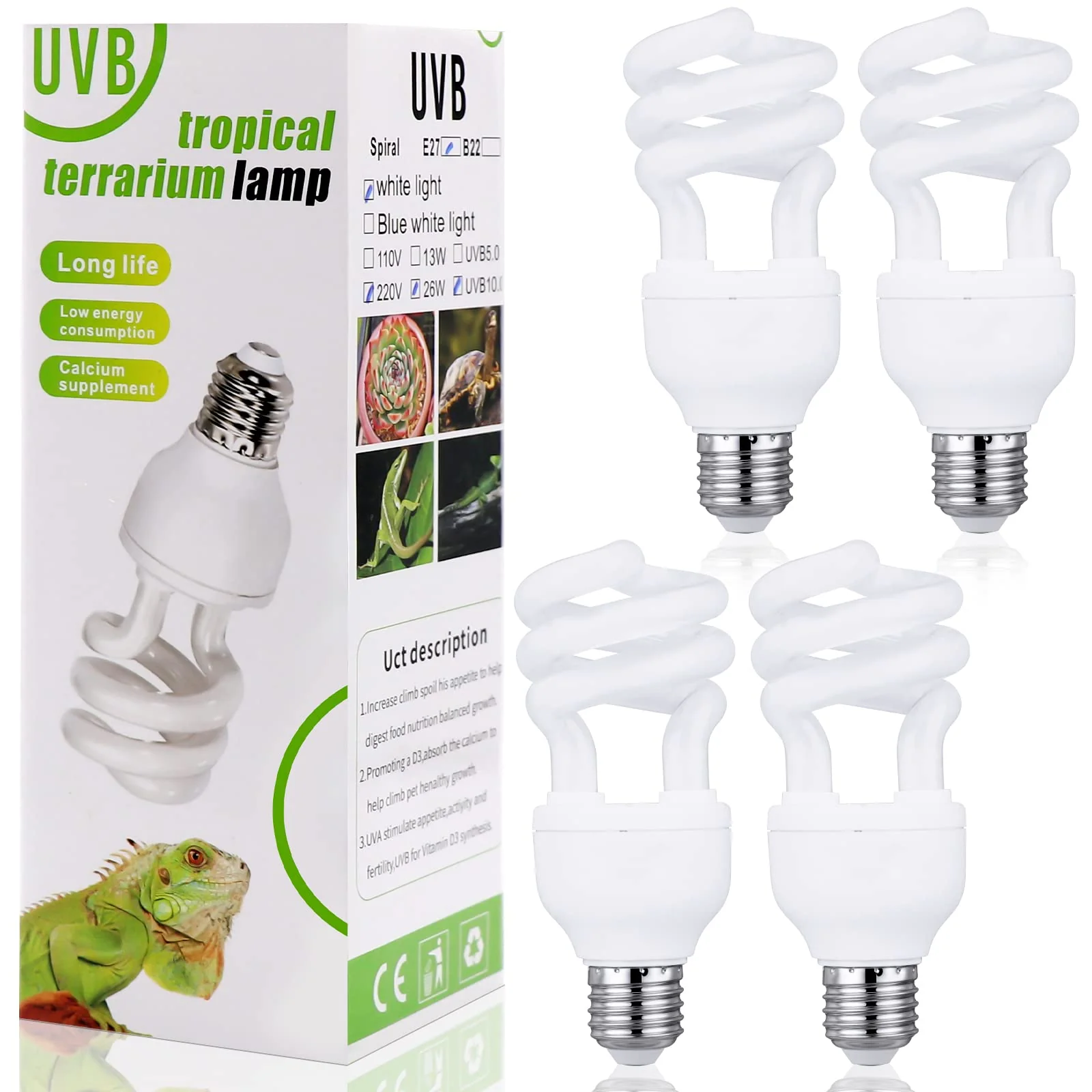 Casual Reginary 4 Pcs UVB 10.0 Reptile Bulbs – 13W E27 Base Desert Sun Simulation High-Grade