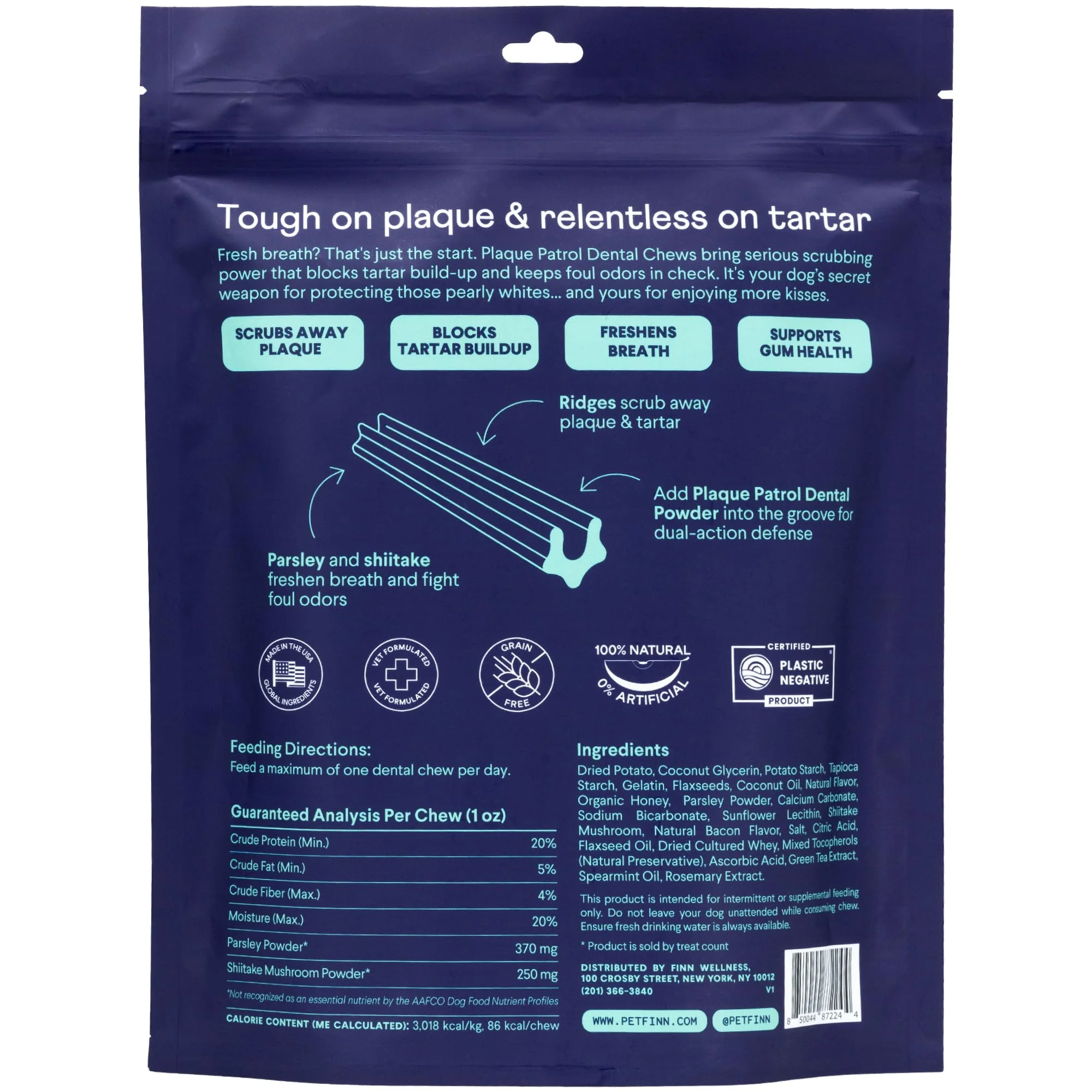Carefully Designed Finn Plaque Patrol Dental Chews – Triple-Action Plaque Tartar Bad Breath Defense for 25 lb Dogs Eco-Friendly