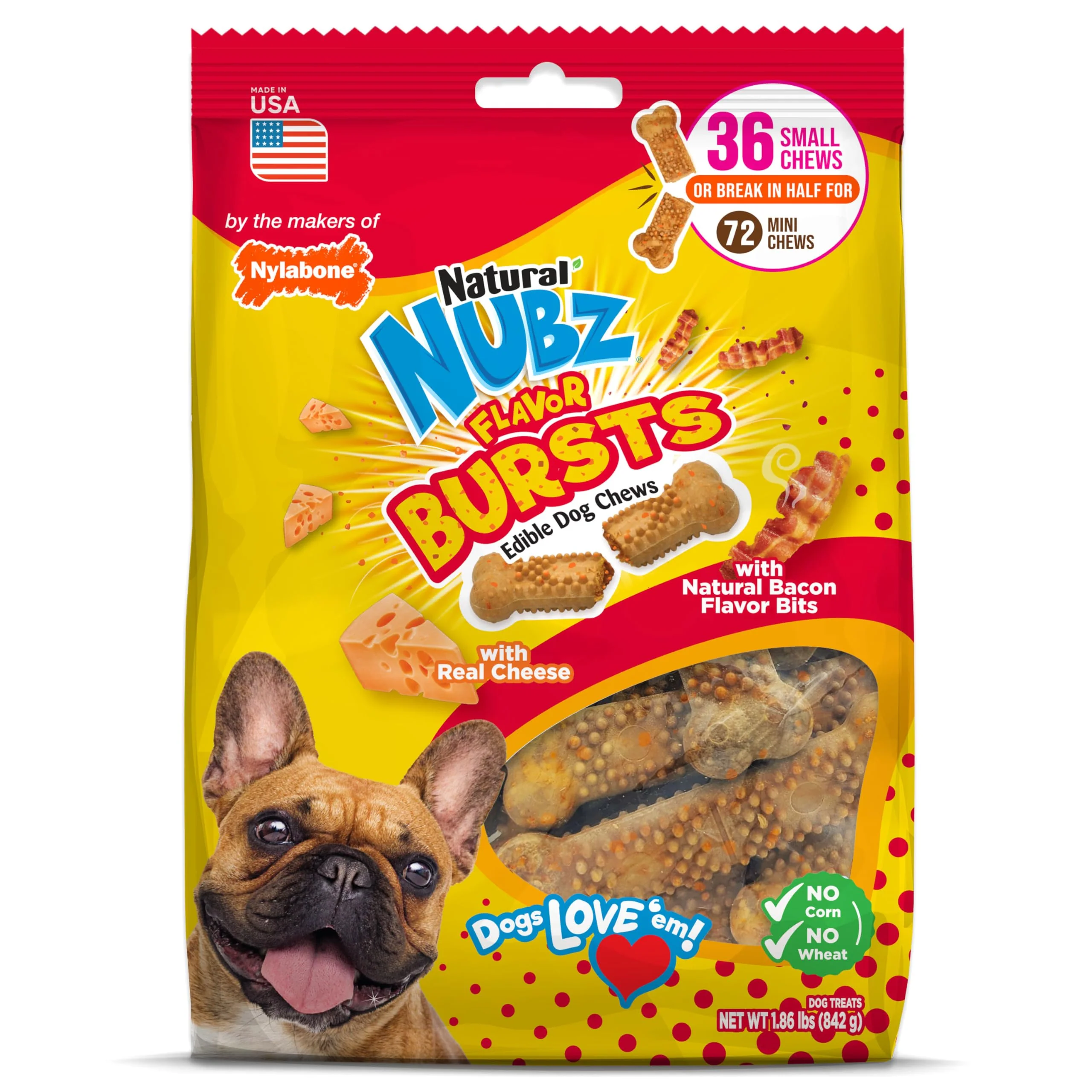 Solid Nylabone Nubz Flavor Bursts Natural Edible Chew Bones for Small Dogs – Bacon Cheese Grain- USA Made 36 Count Luxury