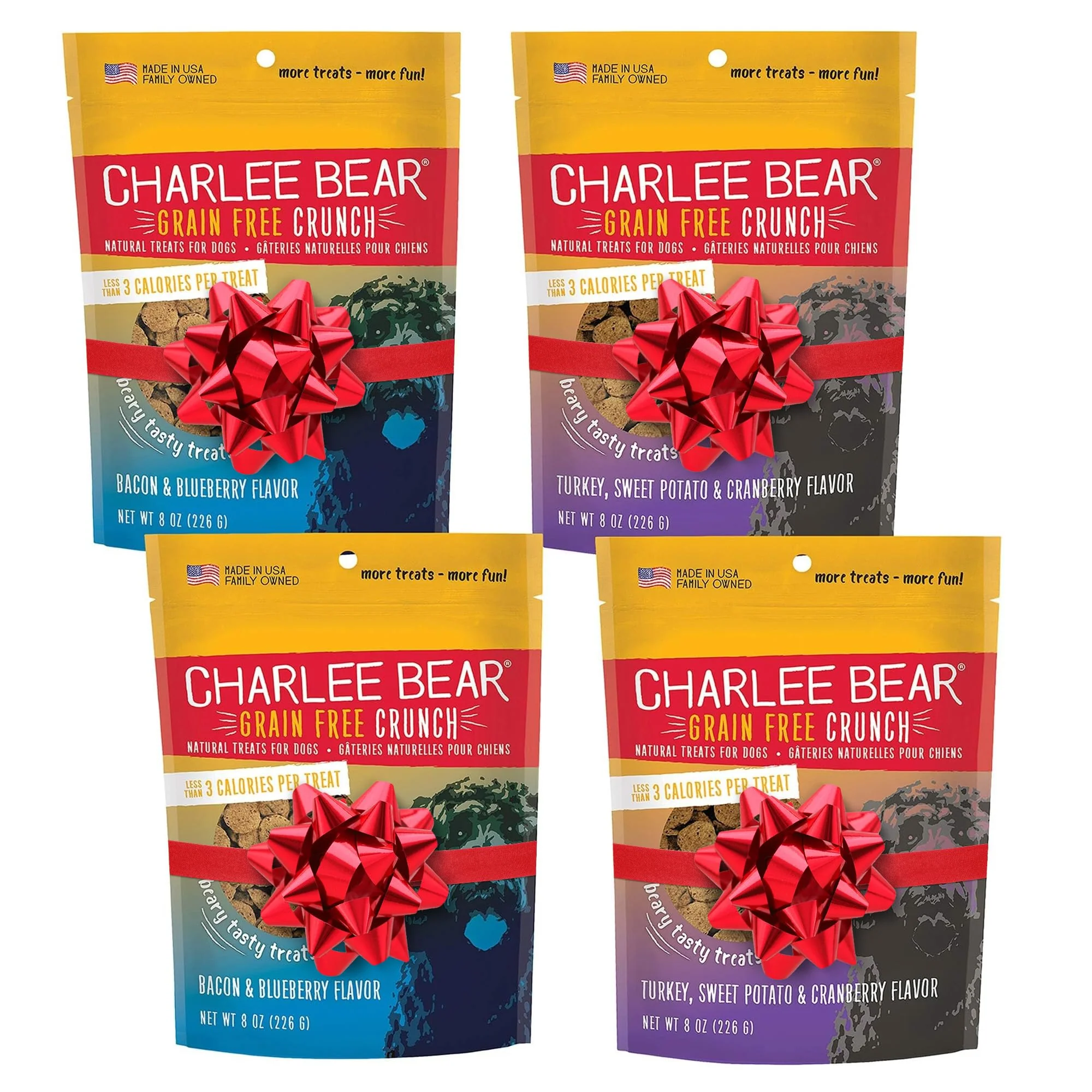 Versatile Charlee Bear Training Treats - Crunchy Low-Calorie Grain- Dog Treats USA Made Bacon Blueberry Turkey Sweet Potato Cranberry 4x8oz Healthy