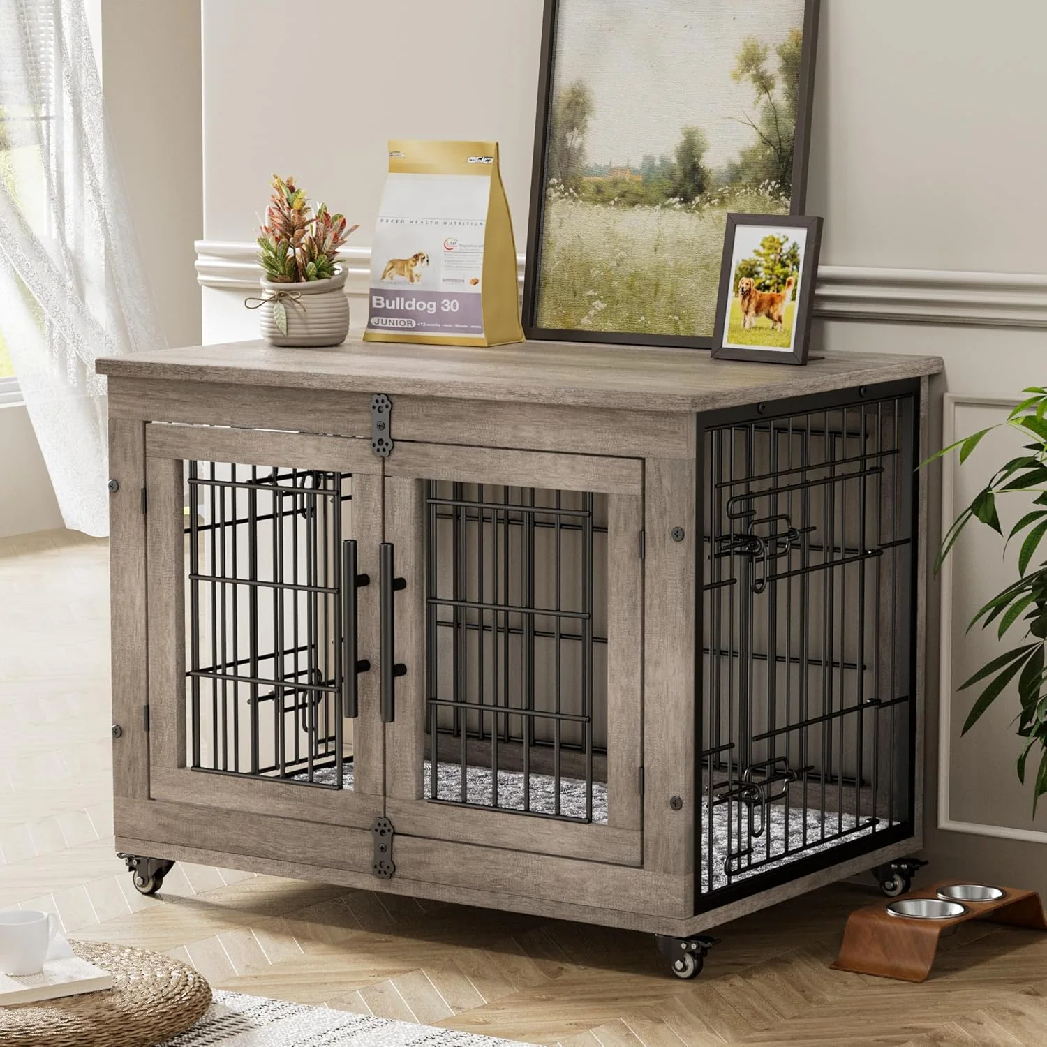 Crafted Lulive Dog Crate Furniture for Medium Dogs 32'' Dog Kennel Indoor with Cushion Wheels Wooden Dog Cage Double Doors Dog Crate End Table Grey Powerful