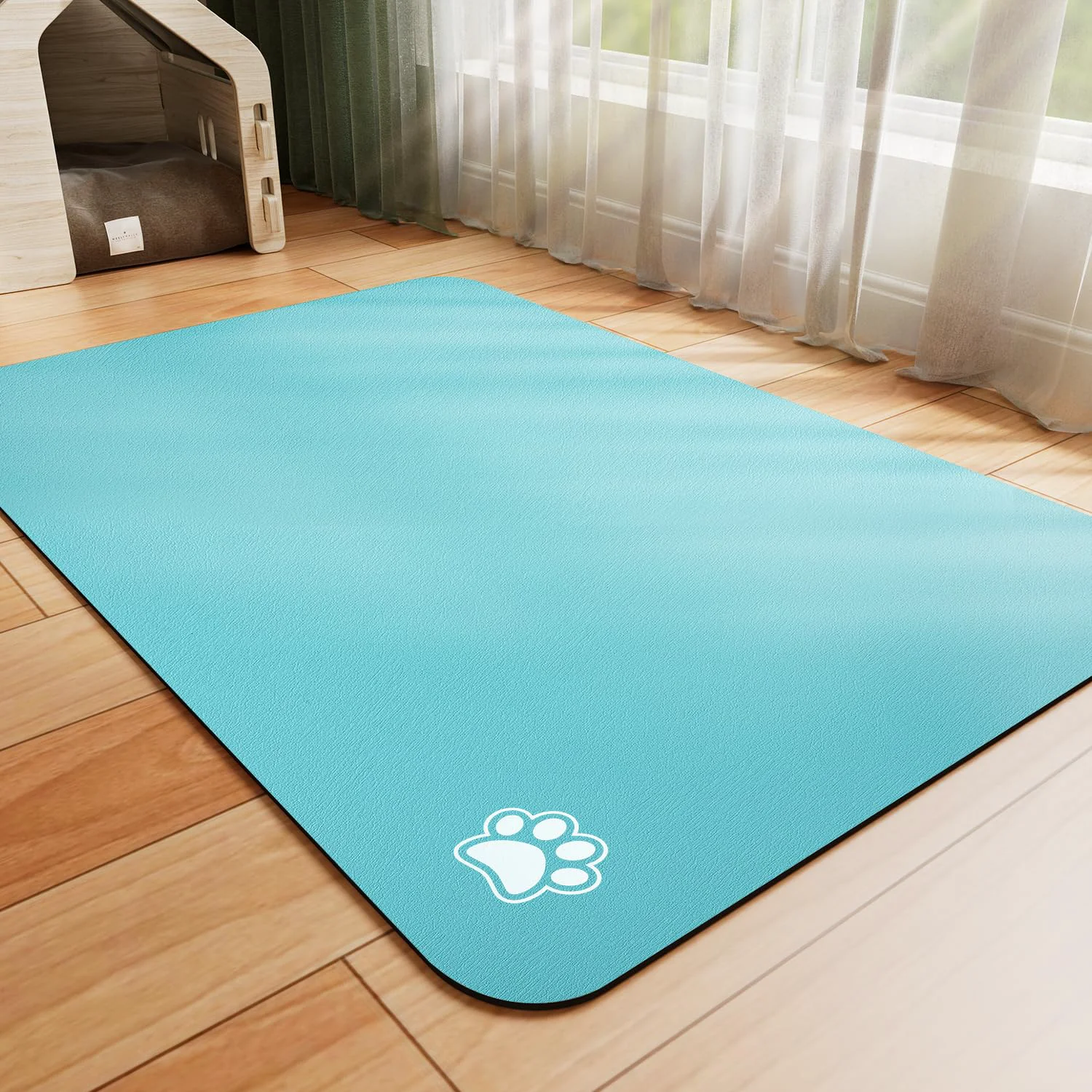 Environmentally Friendly HotLive Dog Food Mat – Absorbent Easy-Clean Pet Bowl Mat 18x34 Paw Teal World-Class